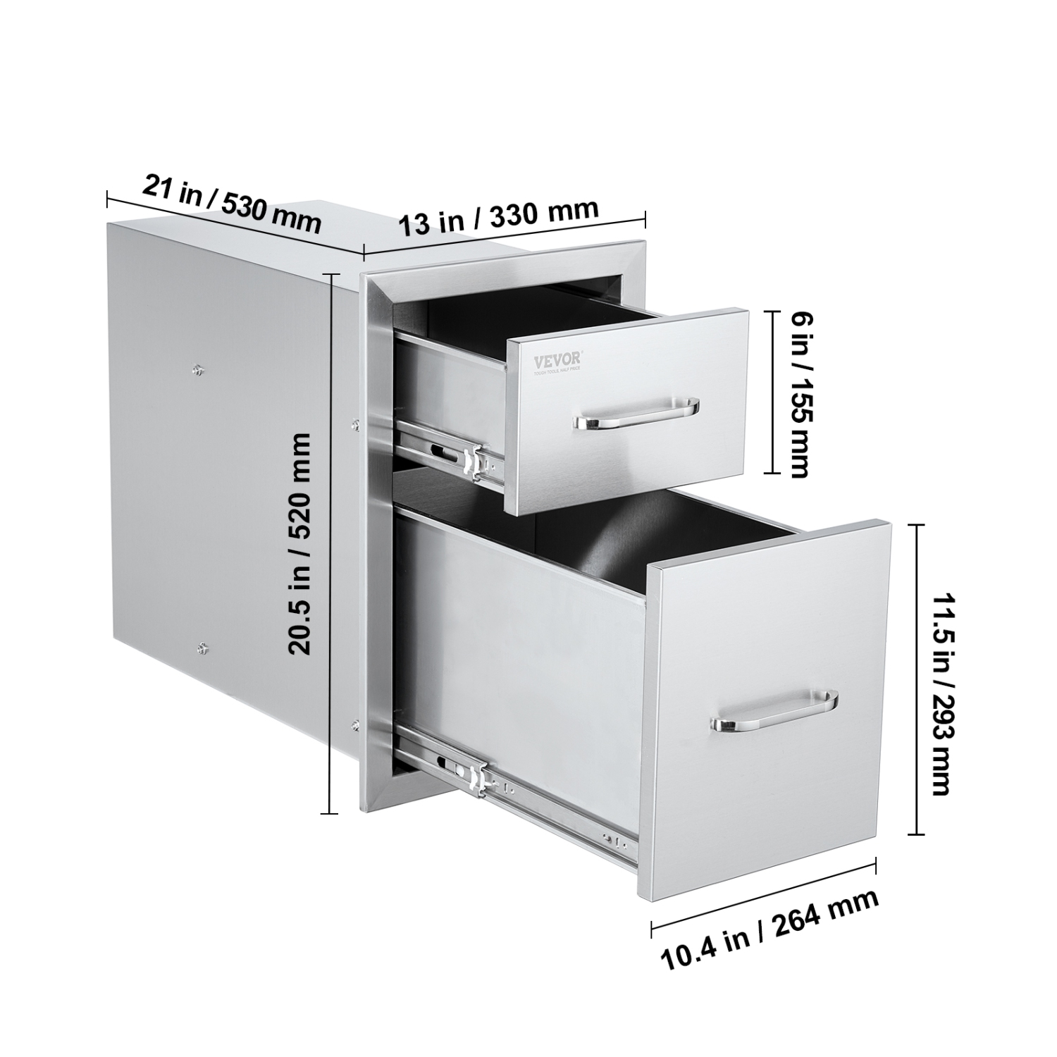 VEVOR 13"Wx20.4"Hx20.8"D Outdoor Kitchen Drawers, Flush Mount Double BBQ Access Drawers with Stainless Steel Handle, BBQ Island Drawers for Outdoor