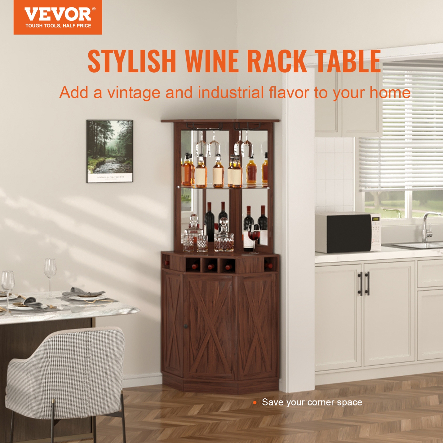 Armoire de bar industrielle en coin VEVOR, table à vin pour boissons alcoolisées et verres, armoire de buffet avec porte-verre, armoire de bar à café