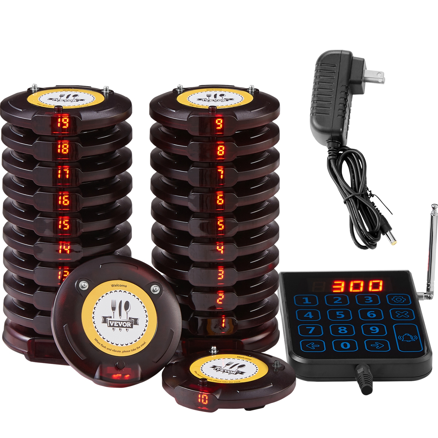 VEVOR 500m Restaurant Pager System, Wireless Long Range Lineup Waiting Queue Signal, Guest Customer Calling Beepers with Vibration & Flashing, 20