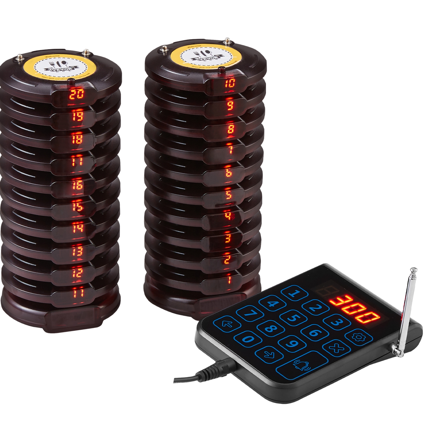 VEVOR 500m Restaurant Pager System, Wireless Long Range Lineup Waiting Queue Signal, Guest Customer Calling Beepers with Vibration & Flashing, 20