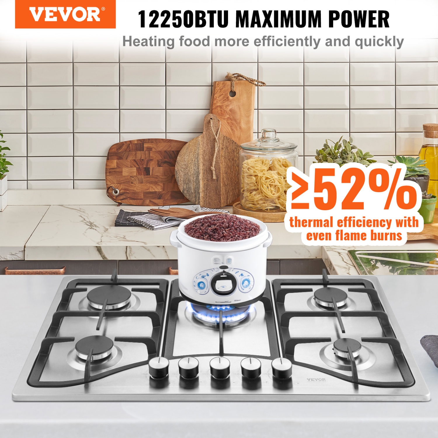 VEVOR 30 inch Gas Cooktop, Max 12250BTU 5 Burners Built-in Stainless Steel Gas Stove Top, LPG/NG Convertible Dual Fuel Natural Gas Hob with