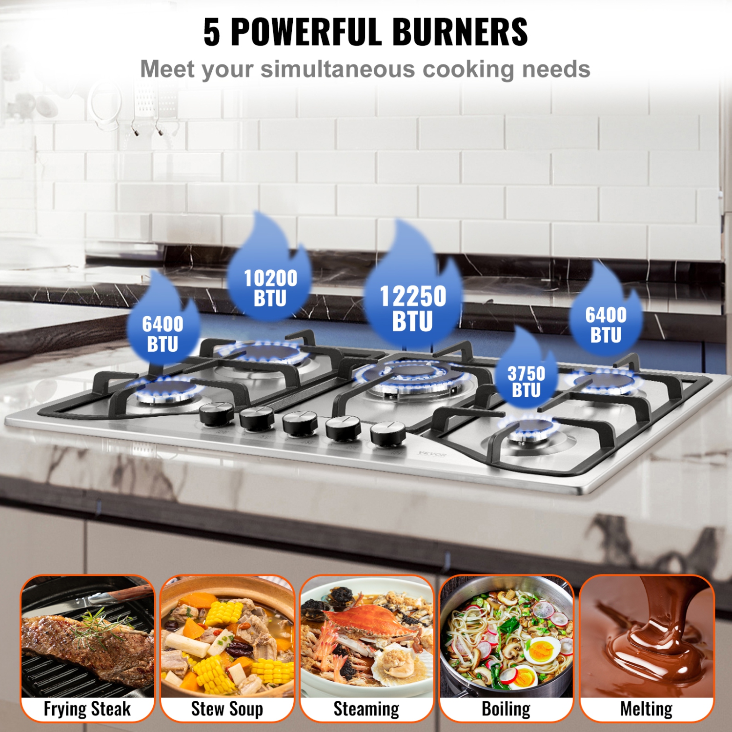 VEVOR 30 inch Gas Cooktop, Max 12250BTU 5 Burners Built-in Stainless Steel Gas Stove Top, LPG/NG Convertible Dual Fuel Natural Gas Hob with