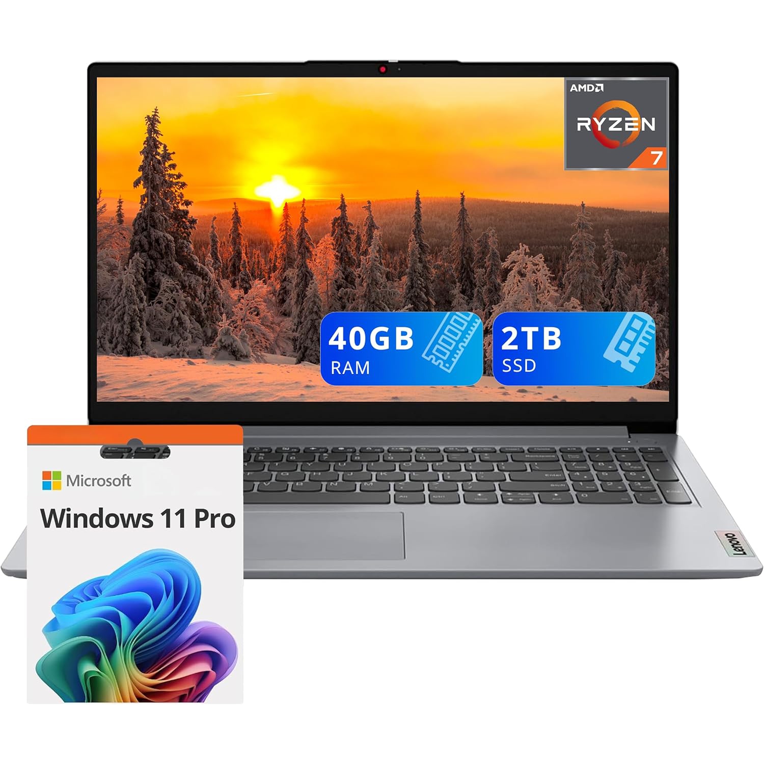 Open Box - Lenovo IdeaPad 1 15.6" FHD Anti-Glare Touchscreen Laptop, AMD Ryzen 7 5700U, 2TB PCIe SSD, 40GB RAM, AMD Radeon Graphics, HD Webcam, WiFi