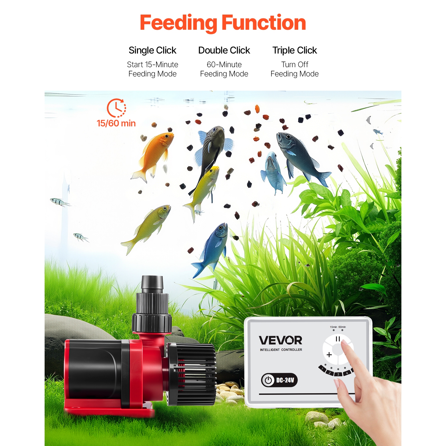 VEVOR 24V DC Aquarium Water Pump, 100W, 2642 GPH Marine Wavemaker Return Pump with Controller, Adjustable Flow, Feed Mode, 19.7 ft Max Lift, for