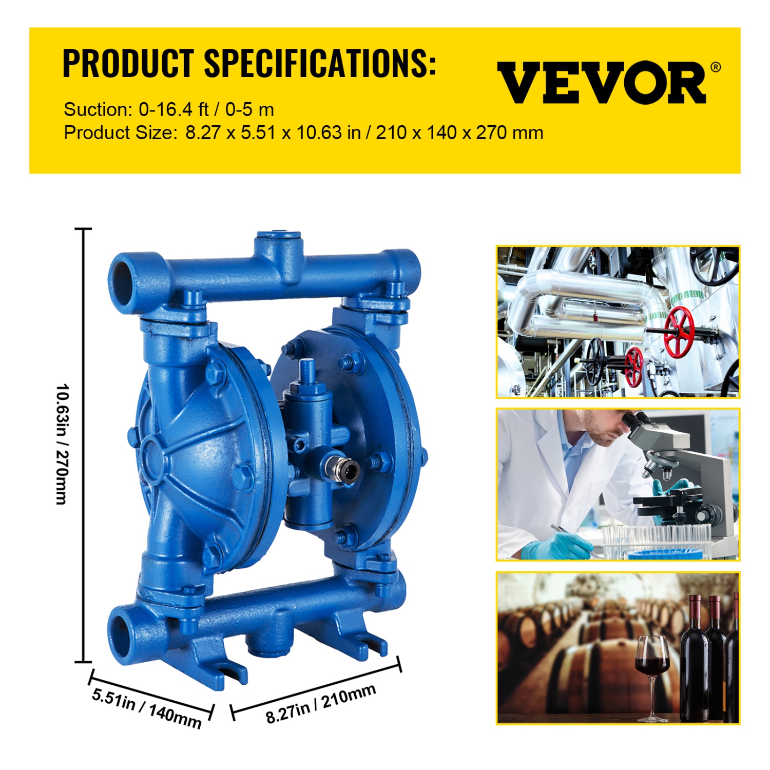 VEVOR 3 GPM Air-Operated Double Diaphragm Pump, 1/2 in Inlet & Outlet, Cast Iron Body,Max 90 PSI, Nitrile Diaphragm Pneumatic Transfer Pump for