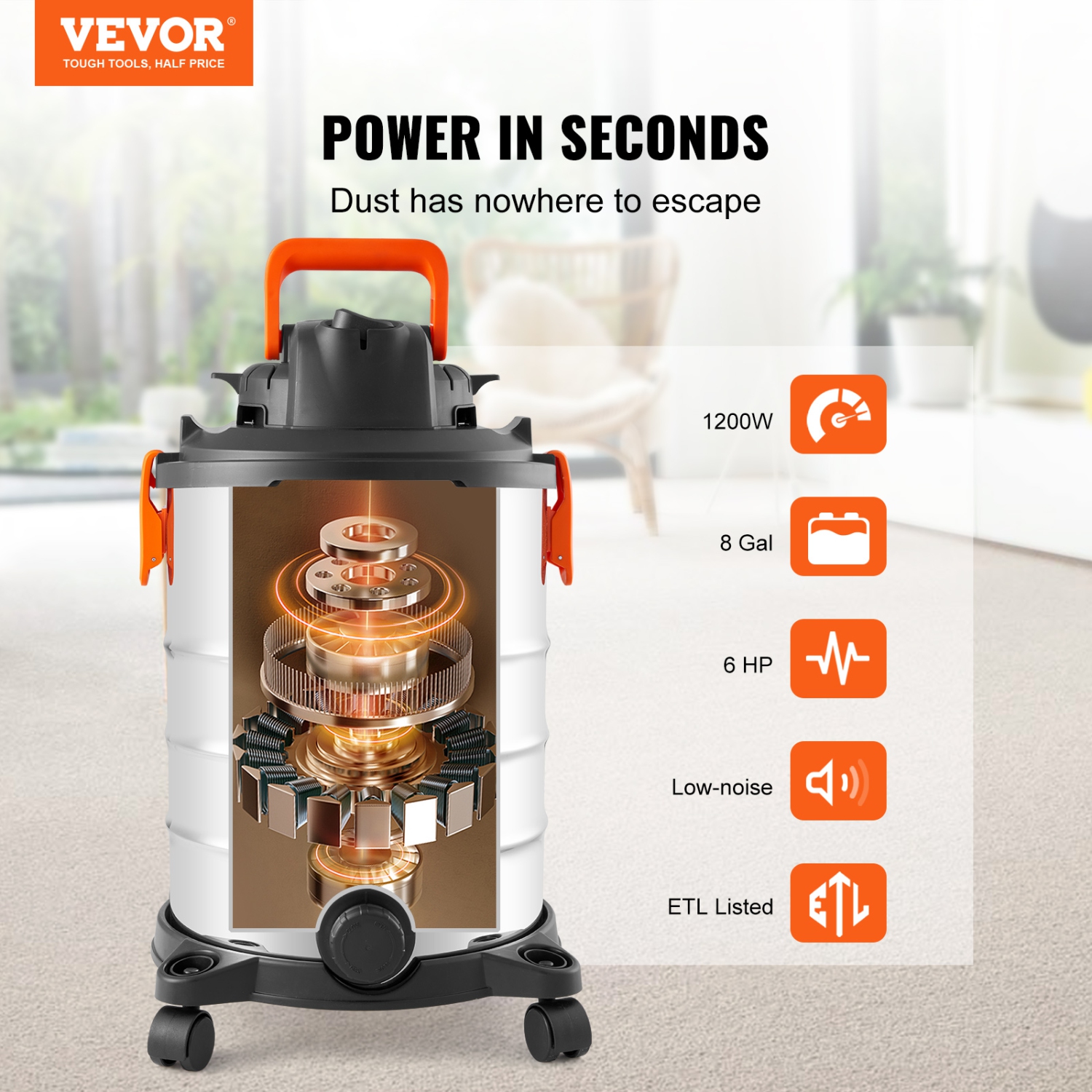 VEVOR 8 Gallon Stainless Steel Wet Dry Shop Vacuum, 6 Peak HP Wet/Dry Vac, Powerful Suction with Blower Function with Attachments 2-in-1 Crevice