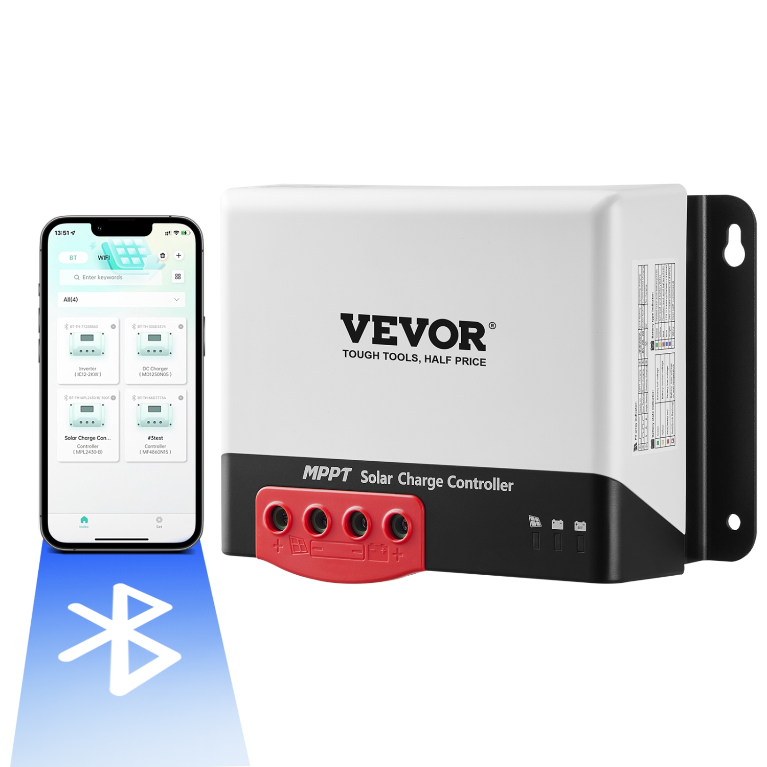 VEVOR 50A MPPT Solar Charge Controller,12V / 24V Auto DC Input,Solar Panel Regulator Charger with Bluetooth Module,98% Charging Efficiency,