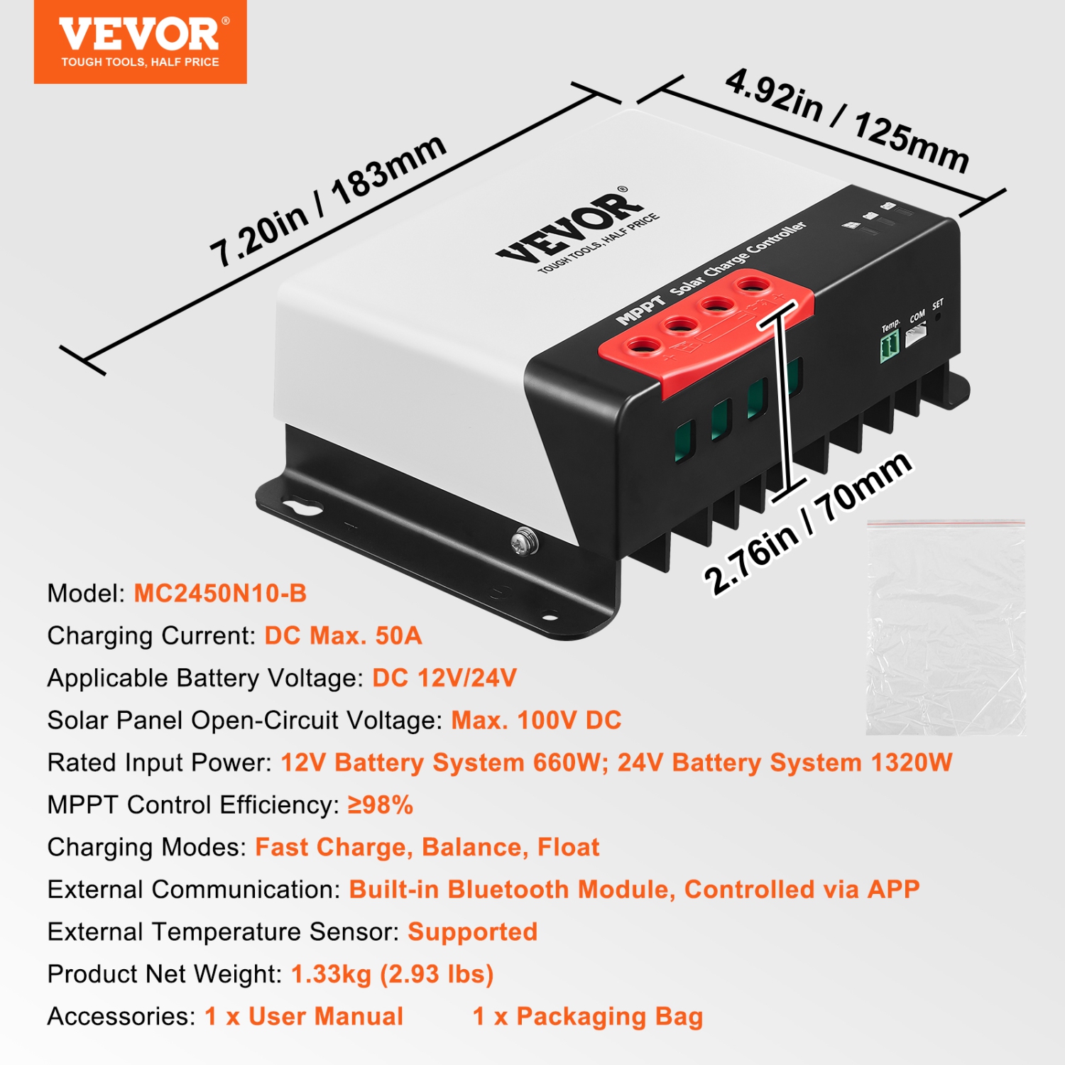 VEVOR 50A MPPT Solar Charge Controller,12V / 24V Auto DC Input,Solar Panel Regulator Charger with Bluetooth Module,98% Charging Efficiency,