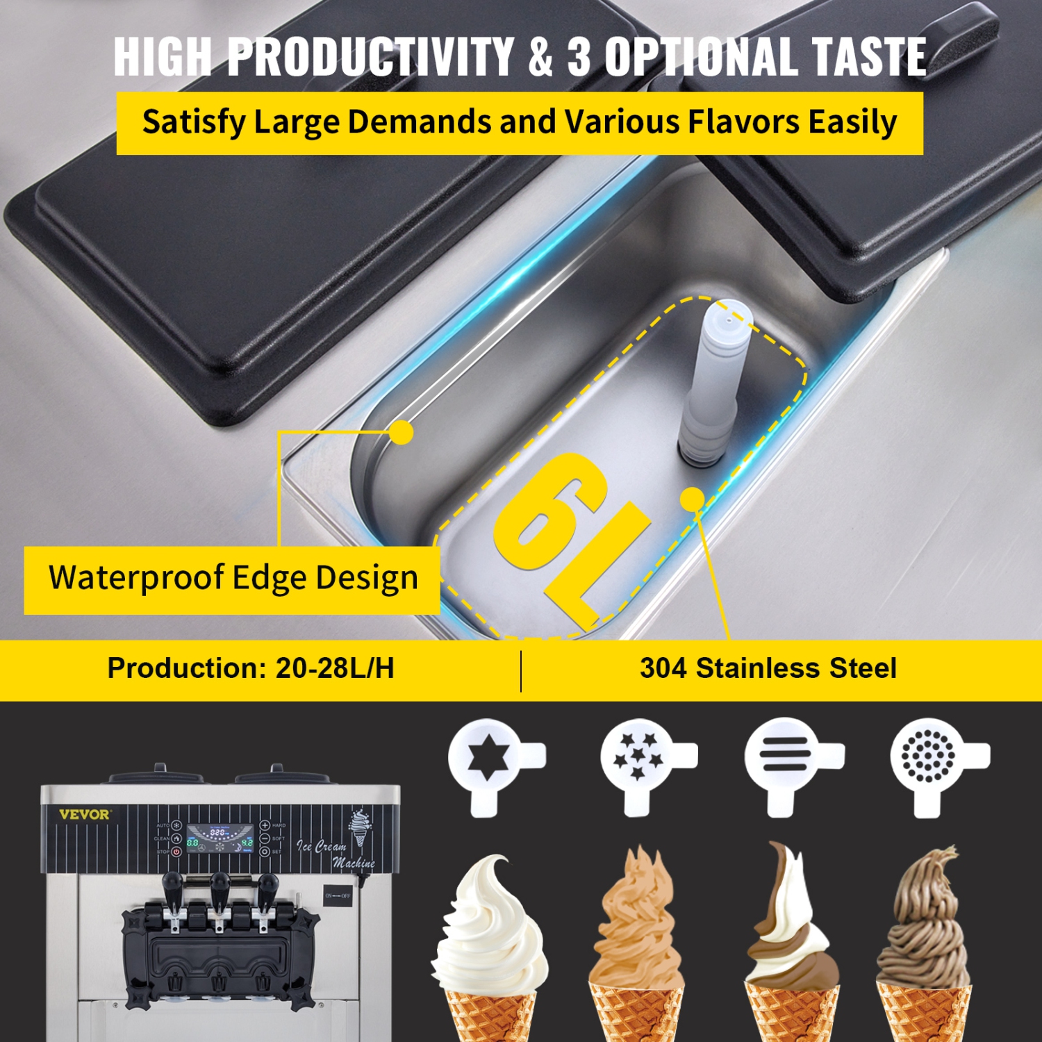 VEVOR 2200W Commercial Ice Cream Machine 5.3 to 7.4Gal per Hour Soft Serve with LED Display Auto Clean 3 Flavors Perfect for Restaurants Snack Bar,