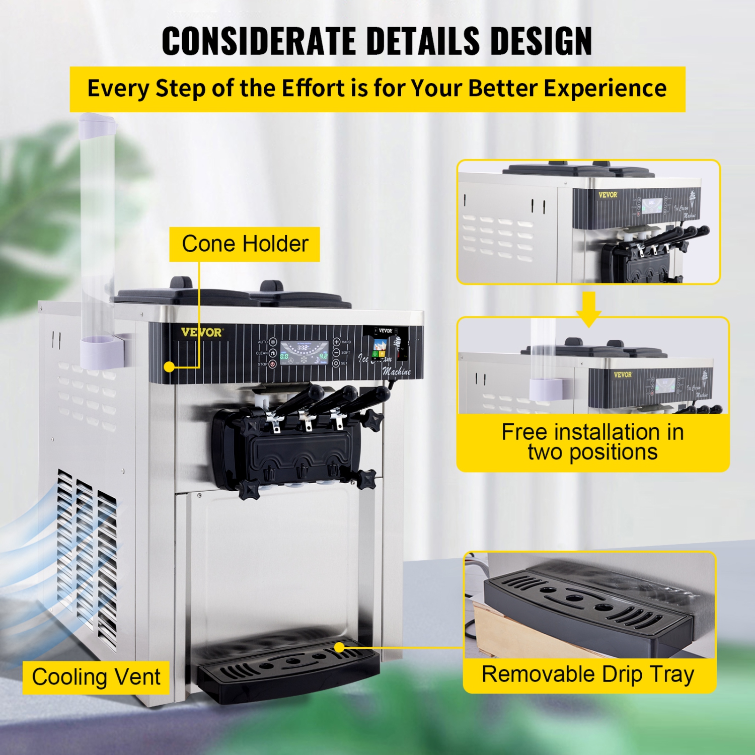 VEVOR 2200W Commercial Ice Cream Machine 5.3 to 7.4Gal per Hour Soft Serve with LED Display Auto Clean 3 Flavors Perfect for Restaurants Snack Bar,