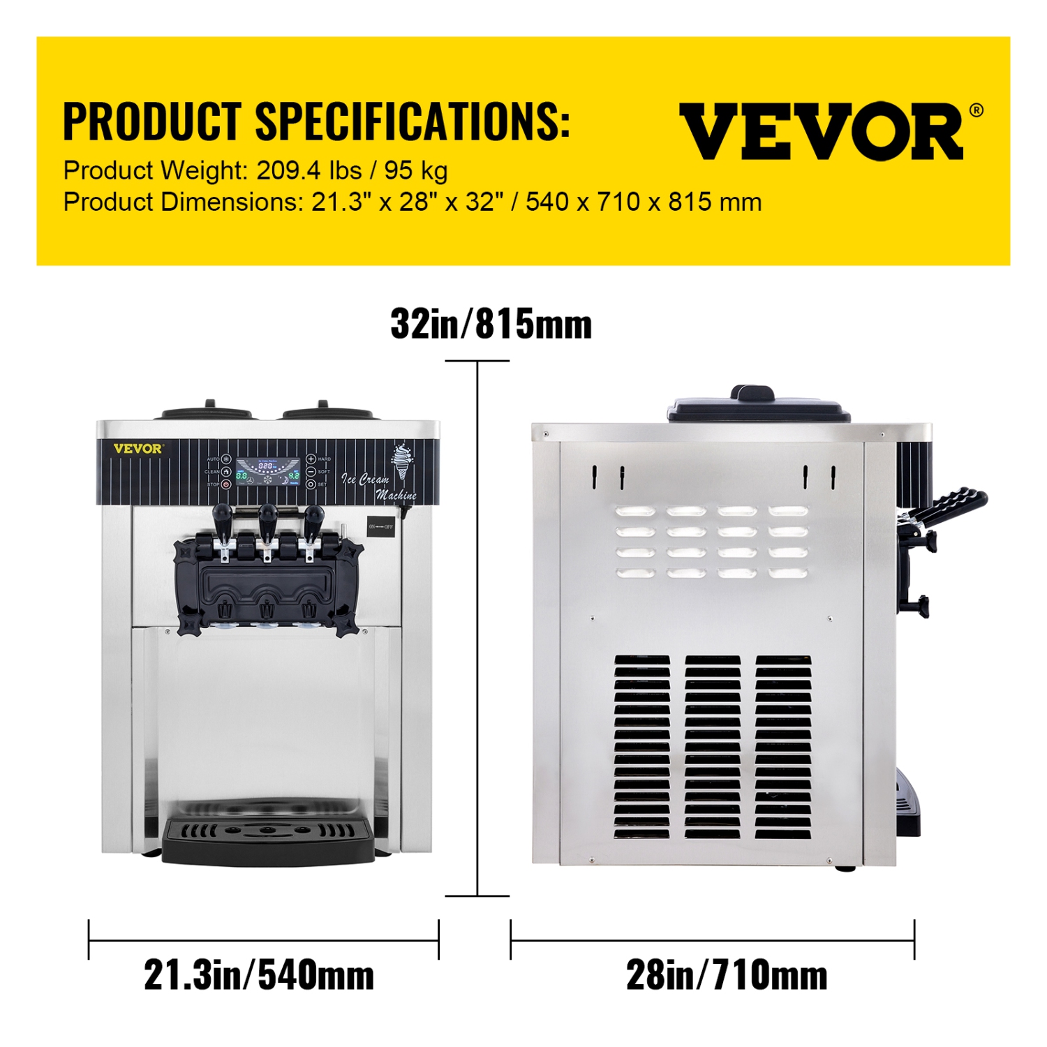 VEVOR 2200W Commercial Ice Cream Machine 5.3 to 7.4Gal per Hour Soft Serve with LED Display Auto Clean 3 Flavors Perfect for Restaurants Snack Bar,