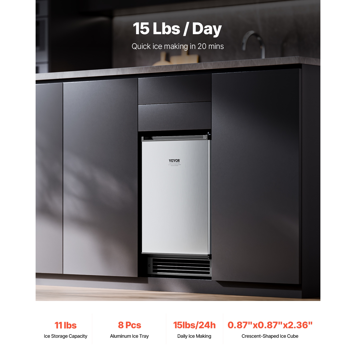 Machine à glaçons encastrable sous le comptoir de 15 lb/jour VEVOR, porte réversible en acier inoxydable, machine à glaçons autonome pour la cuisine