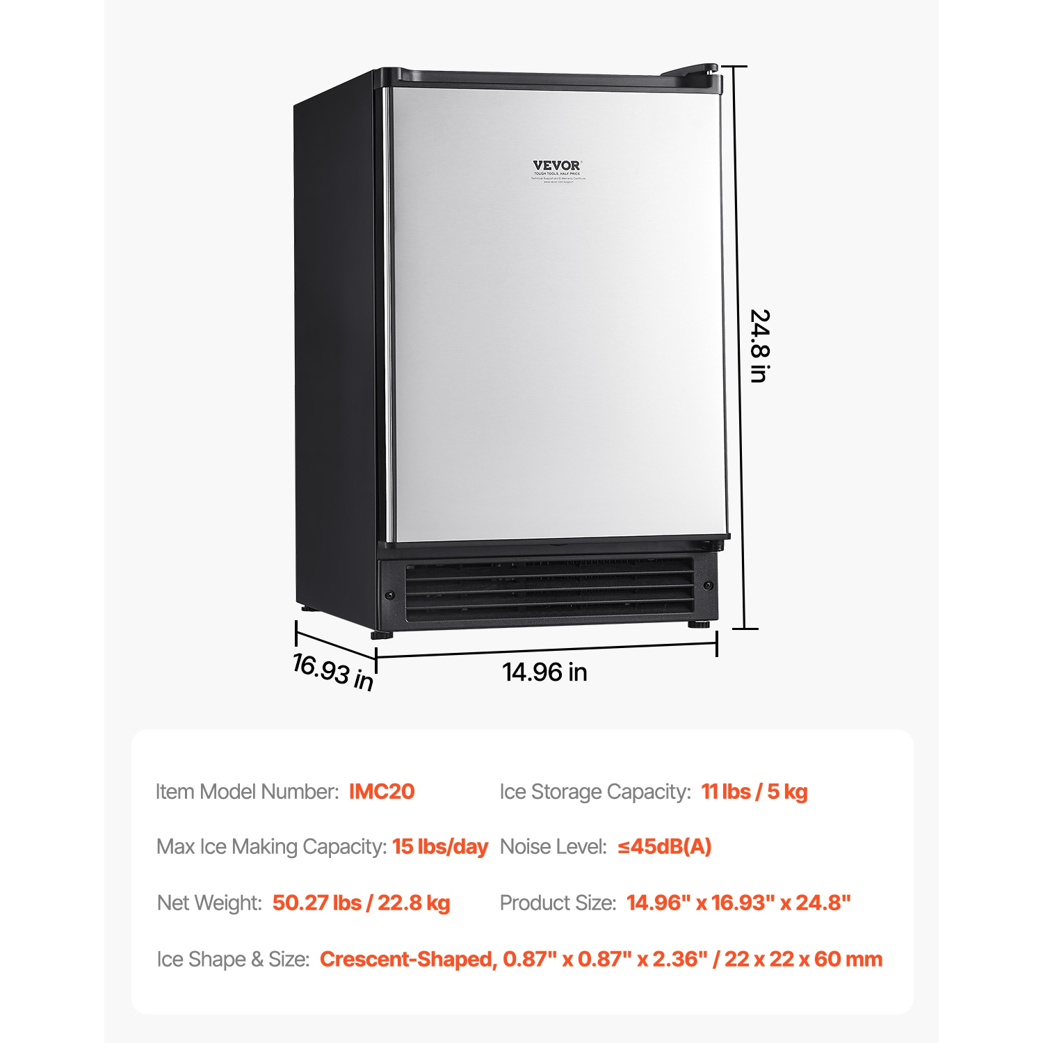 Machine à glaçons encastrable sous le comptoir de 15 lb/jour VEVOR, porte réversible en acier inoxydable, machine à glaçons autonome pour la cuisine
