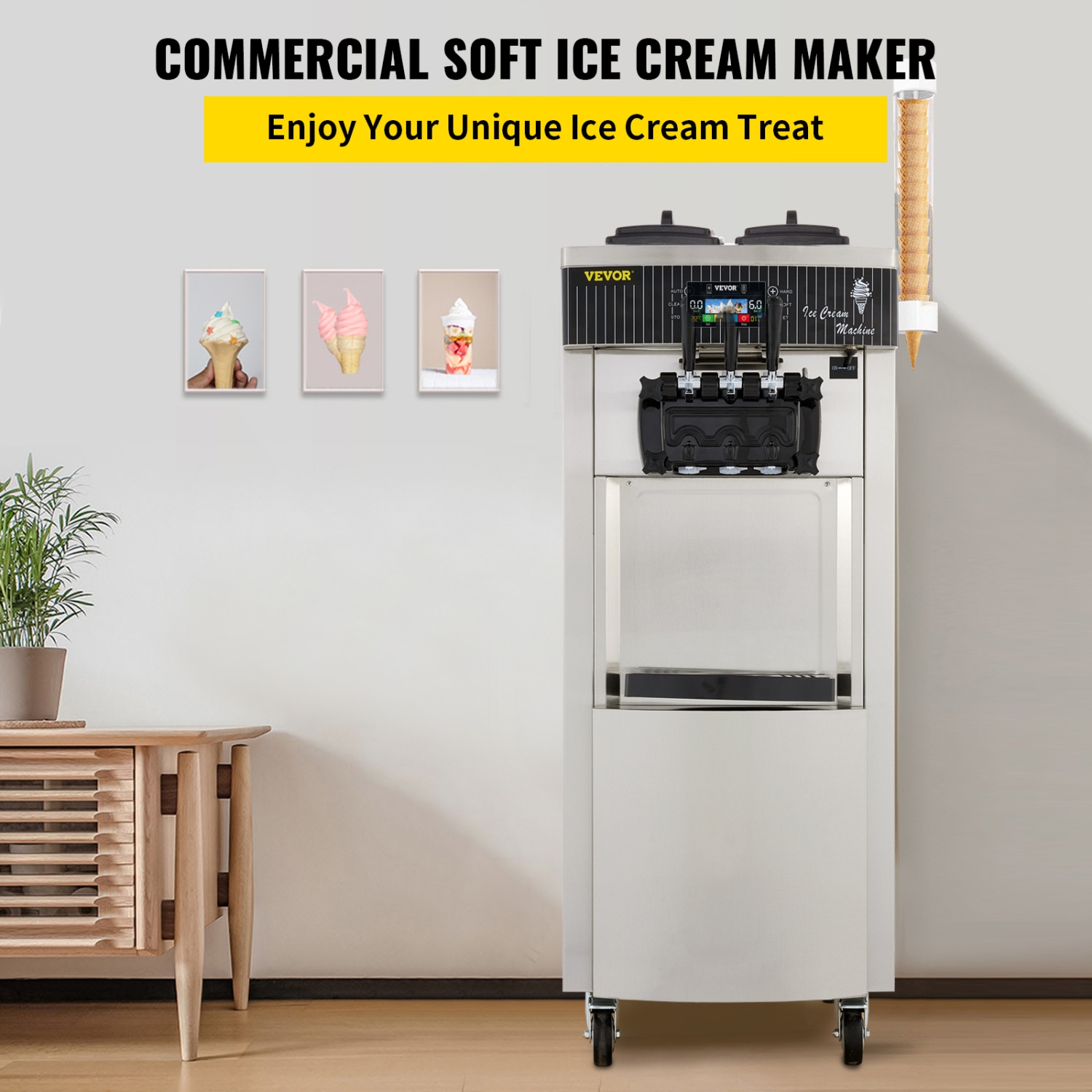 Machine commerciale à crème glacée molle VEVOR 2200&nbsp;W 3 saveurs 5,3 à 7,4 gallons par heure Nettoyage automatique LED Panneau idéal pour les