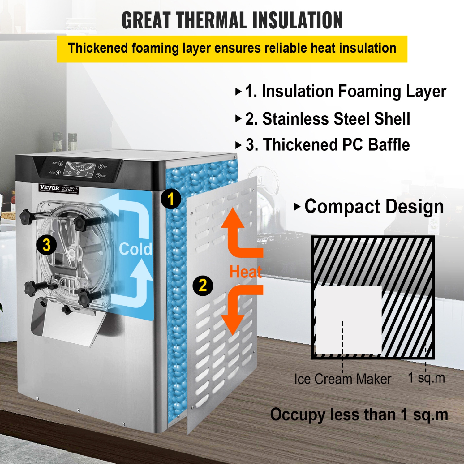 VEVOR 1400W 20/5.3 Gph Commercial Ice Cream Machine Hard Serve Ice Cream Maker with LED Display Screen Auto Shut-Off Timer for Restaurants Snack bar