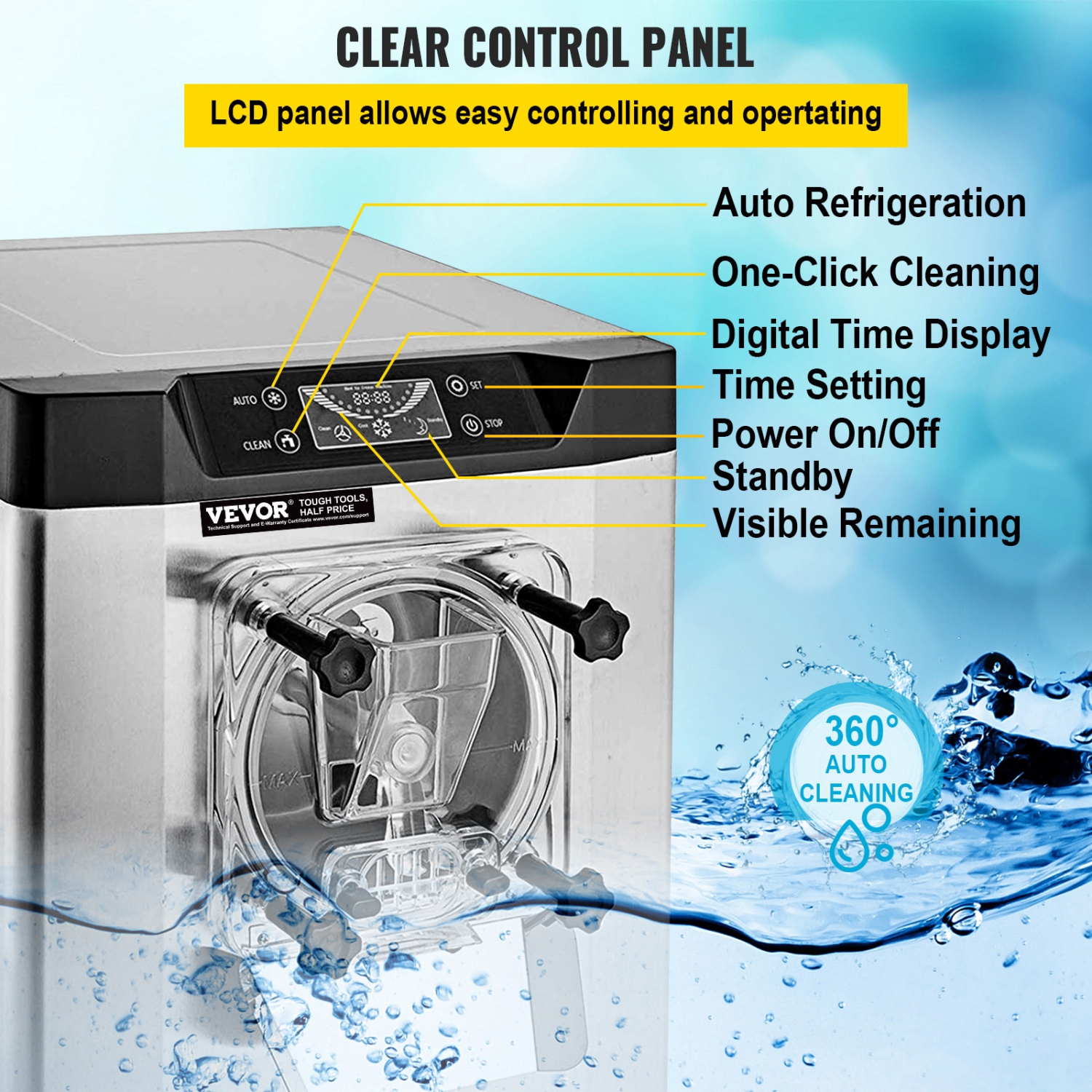 VEVOR 1400W 20/5.3 Gph Commercial Ice Cream Machine Hard Serve Ice Cream Maker with LED Display Screen Auto Shut-Off Timer for Restaurants Snack bar