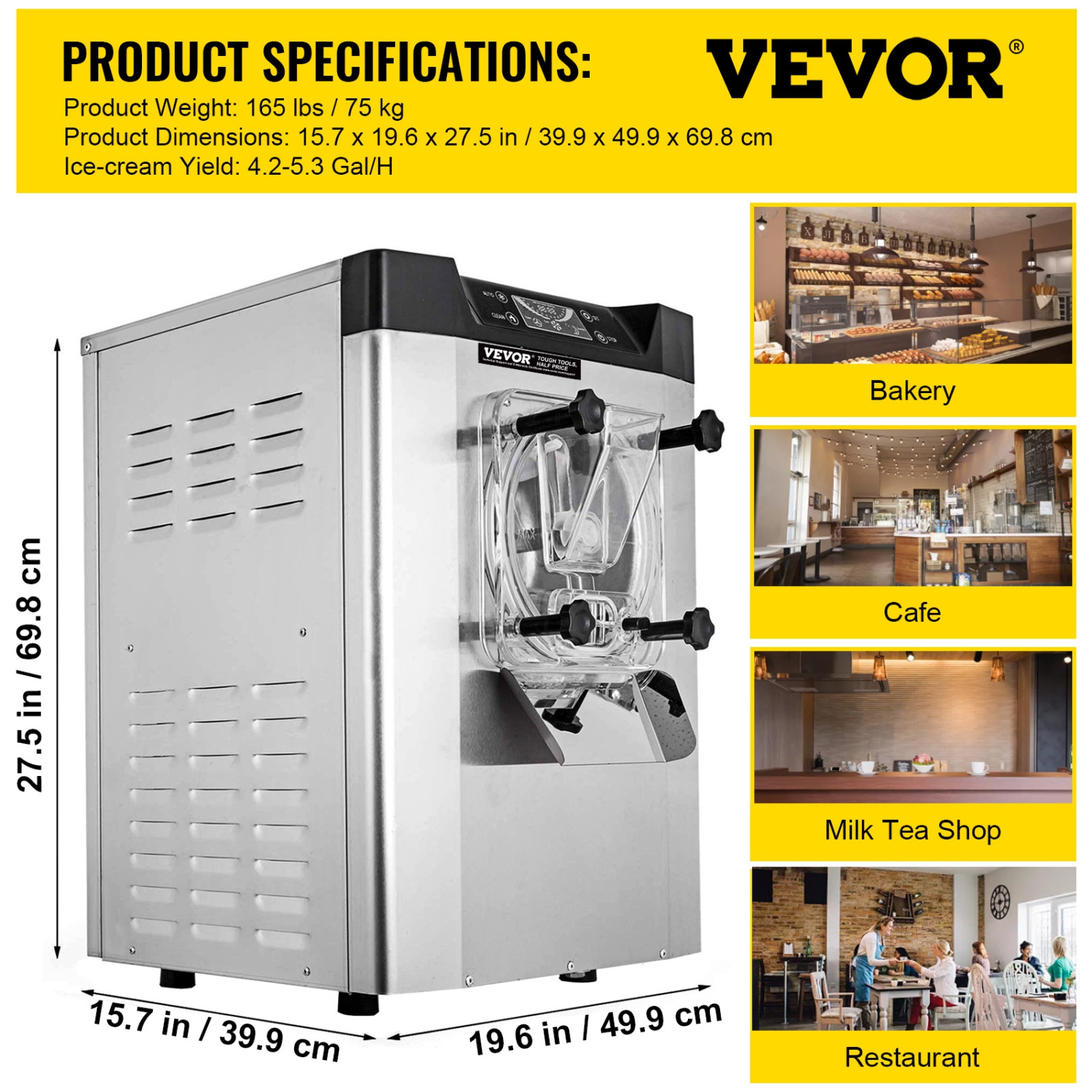 VEVOR 1400W 20/5.3 Gph Commercial Ice Cream Machine Hard Serve Ice Cream Maker with LED Display Screen Auto Shut-Off Timer for Restaurants Snack bar