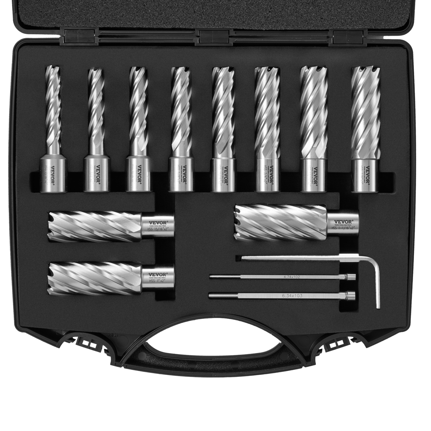 VEVOR 13 pcs Annular Cutter Set, Weldon Shank Mag Drill Bits, 7/16" to 1-1/16" Cutting Diameter, 2" Cutting Depth, M2AL HSS, with 2 Pilot Pins, Hex