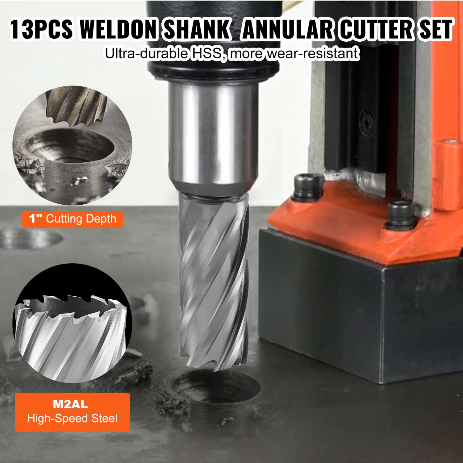 VEVOR 13 pcs Annular Cutter Set, Weldon Shank Mag Drill Bits, 7/16" to 1-1/16" Cutting Diameter, 2" Cutting Depth, M2AL HSS, with 2 Pilot Pins, Hex