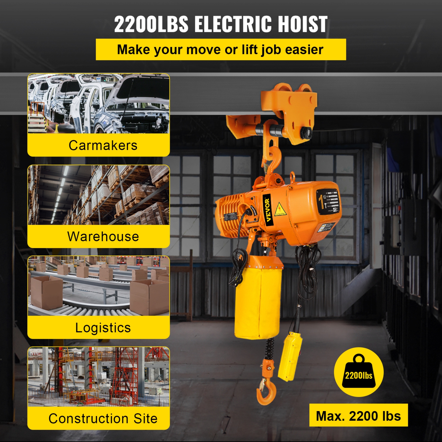 VEVOR 1 Ton Electric Chain Hoist, Single Phase 2200Lbs 10ft Lift Height with Electrical Hook, Mount Chain Hoist G80, Double Chain with Pendant