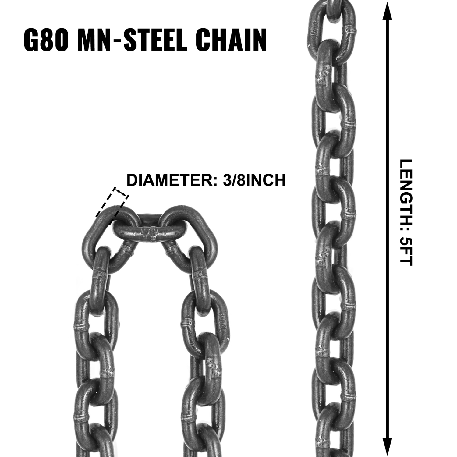 VEVOR 3/8 inch x 5 ft Chain Sling, G80 Engine Chain Hoist Lifts, 11000 lbs/5 Ton Capacity Lifting Sling Chains for Engine Hoist, Engine Lift Chain