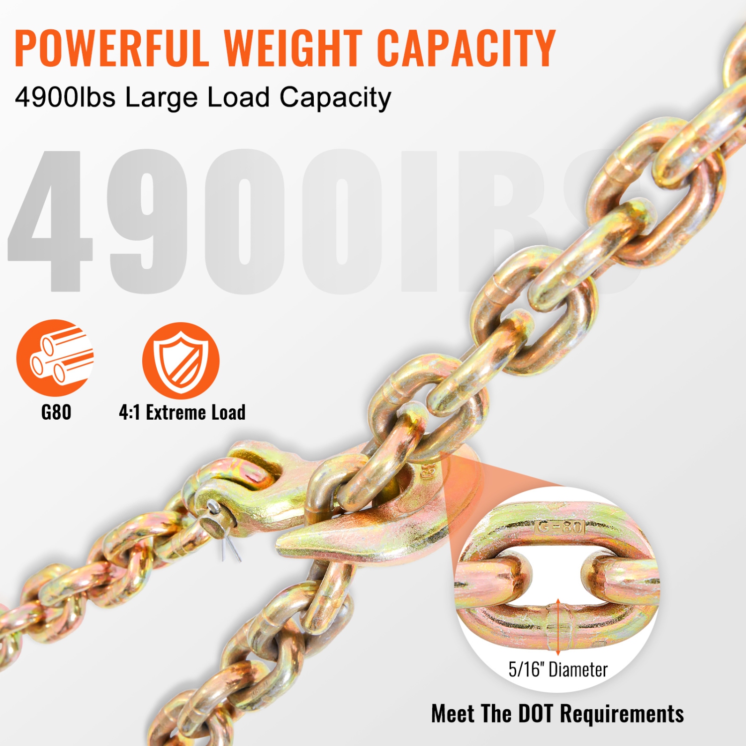 VEVOR 4900lbs Transport Binder Chain, Working Load Limit, 5/16''x20' G80 Tow Chain Tie Down with Grab Hooks, DOT Certified,Galvanized Coating