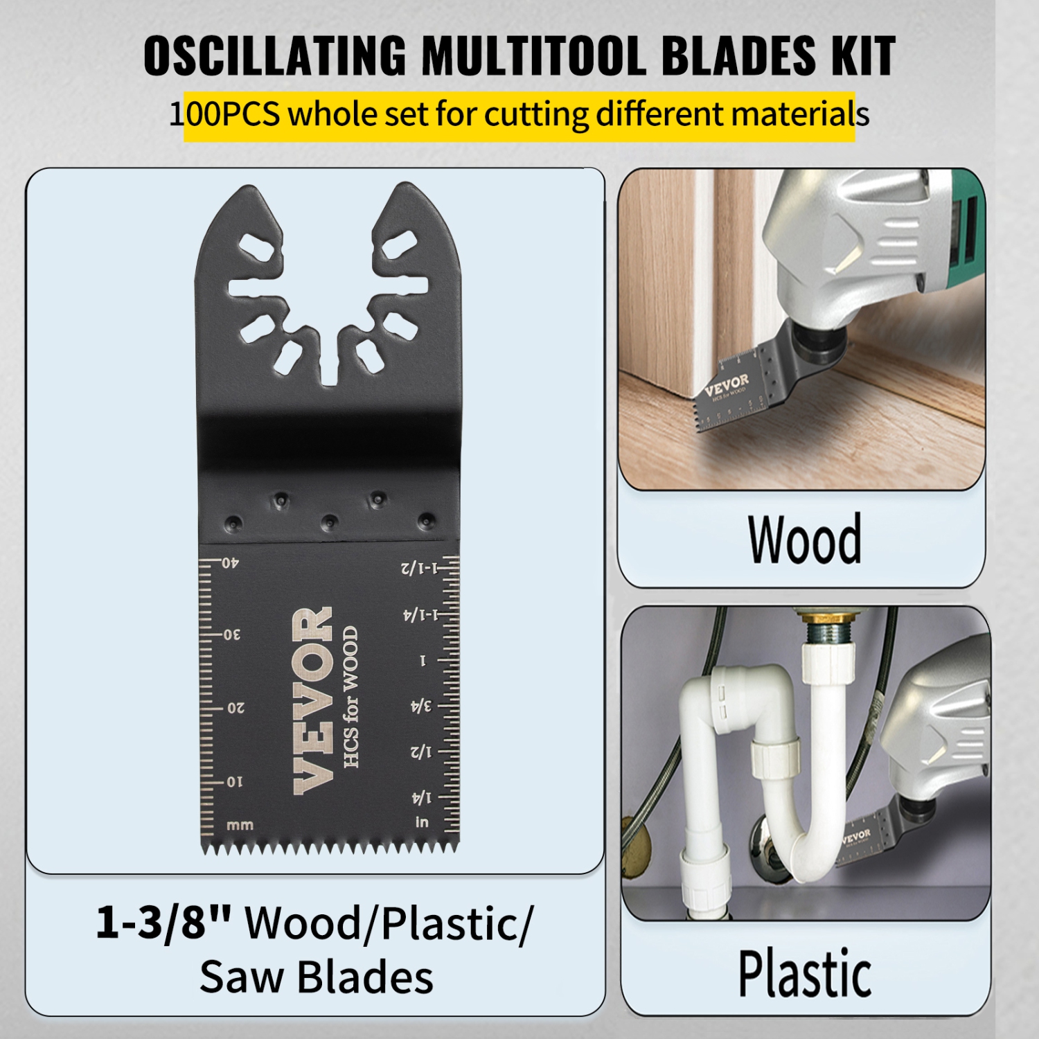 VEVOR 100PCS Oscillating Saw Blades, Quick Release Multitool Blades Kit, HCS Tool Blades for Wood Plastic, Compatible with Dewalt Dremel Fein Worx