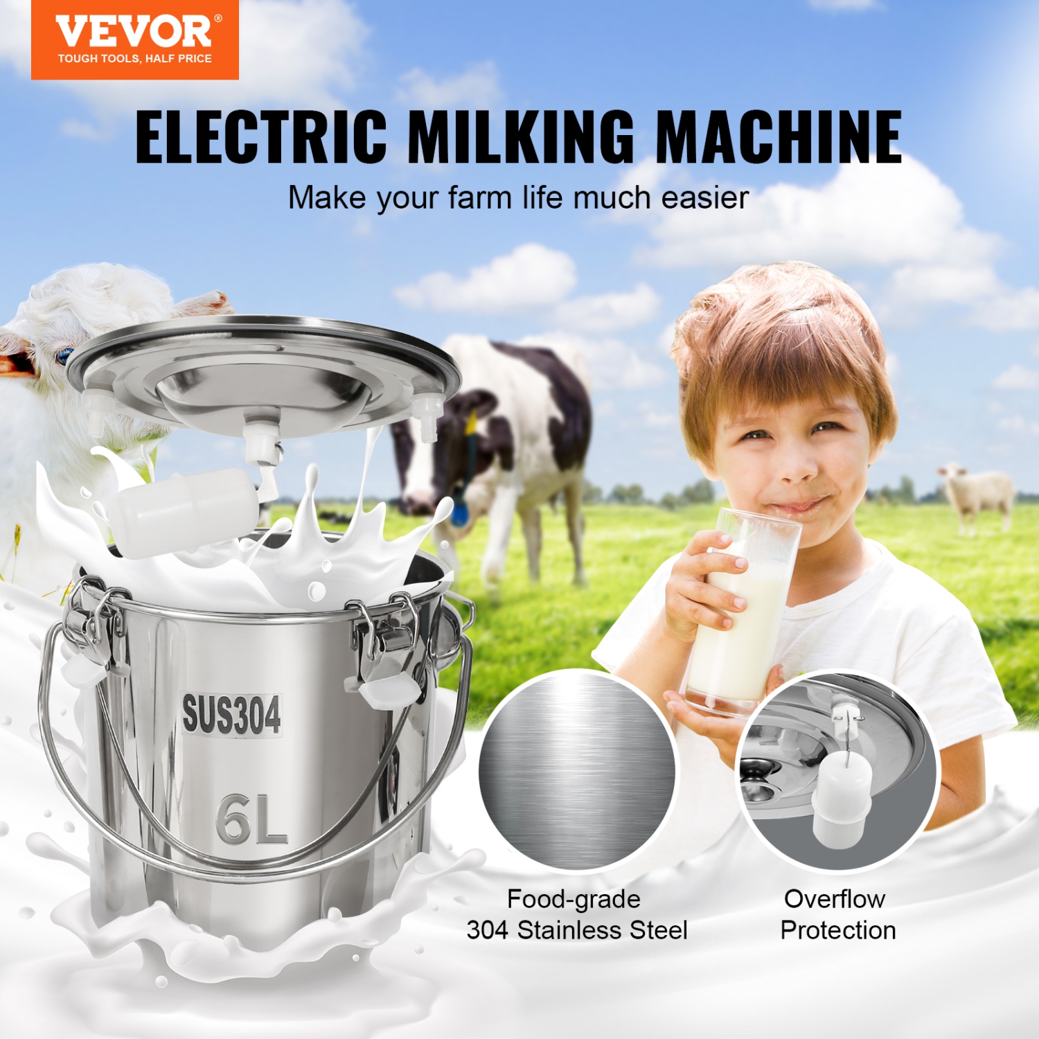 VEVOR Goat Milking Machine, 6 L 304 Stainless Steel Bucket, Electric Automatic Pulsation Vacuum Milker, Portable Milker with Food-grade Silicone Cups