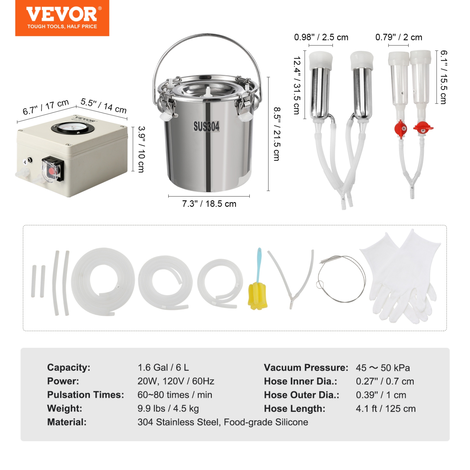 VEVOR Goat Milking Machine, 6 L 304 Stainless Steel Bucket, Electric Automatic Pulsation Vacuum Milker, Portable Milker with Food-grade Silicone Cups