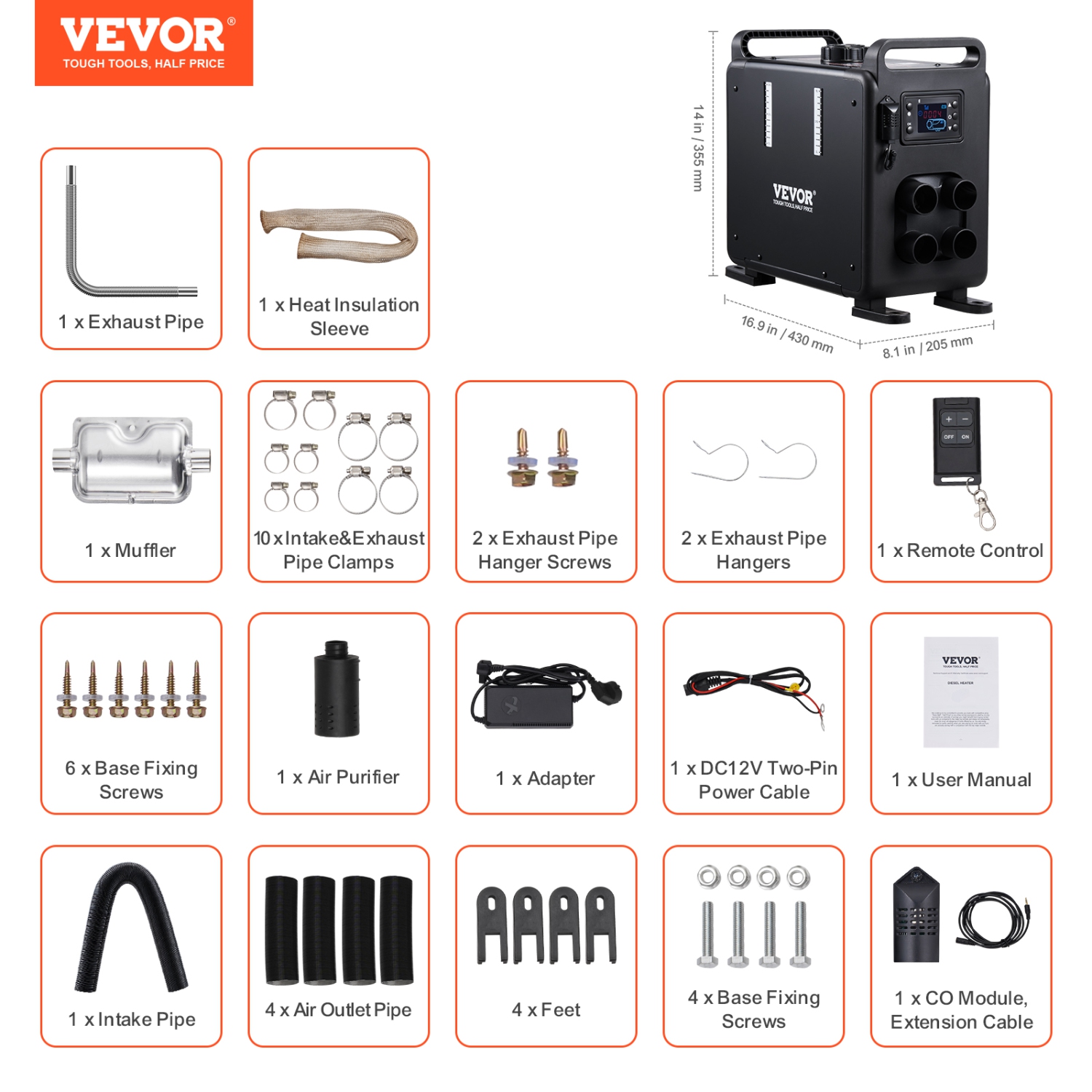 VEVOR 8KW Diesel Heater, 12V/24V All in One Diesel Air Heater, Bluetooth APP Control, Remote Control and Display Screen, CO Alarm, Fast Heating