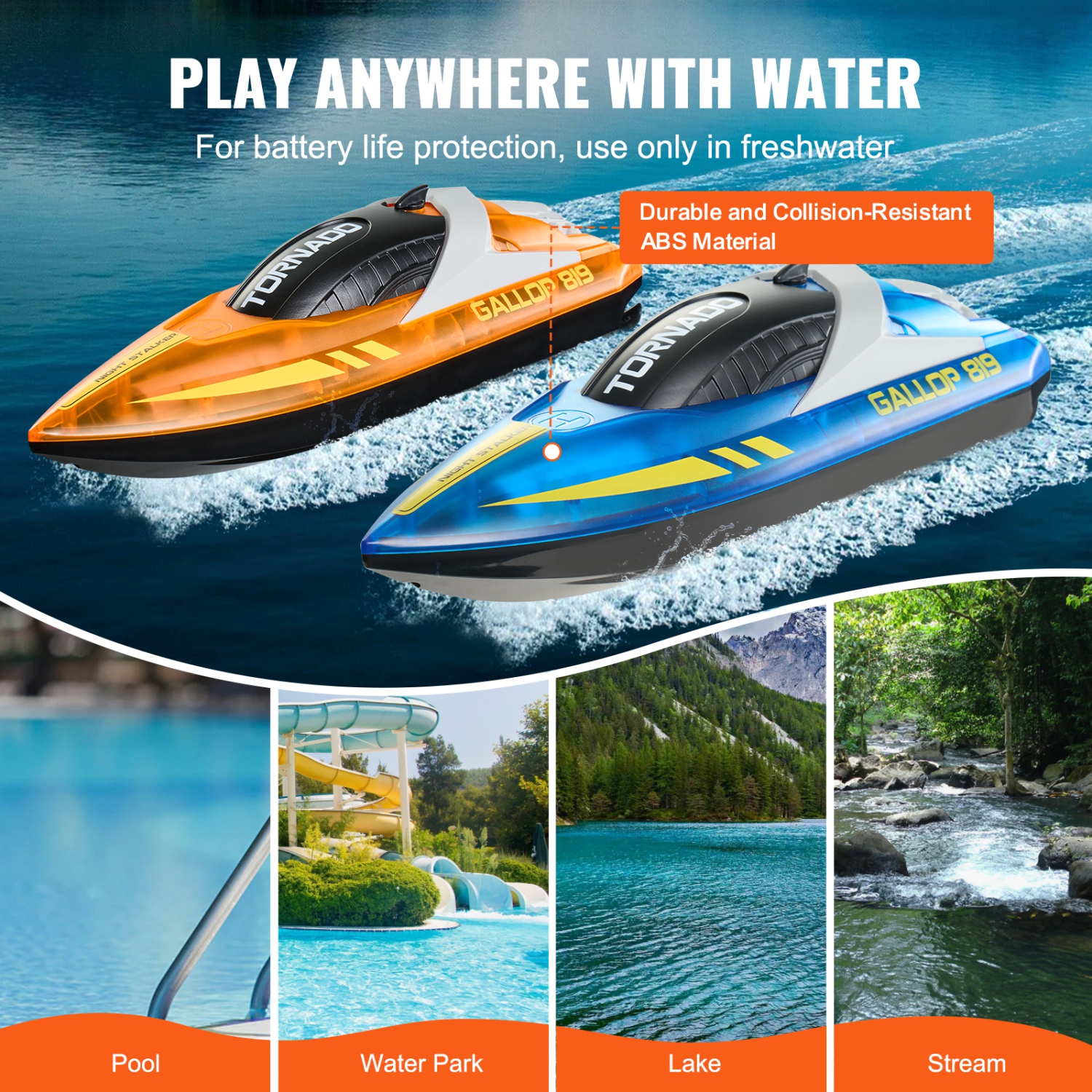 VEVOR 2 Pack RC Boat, 2.4GHz 12 km/h, Remote Control Boat for Pools & Lakes, with LED Light, 4 Rechargeable Batteries, Waterproof, Gift for Adults