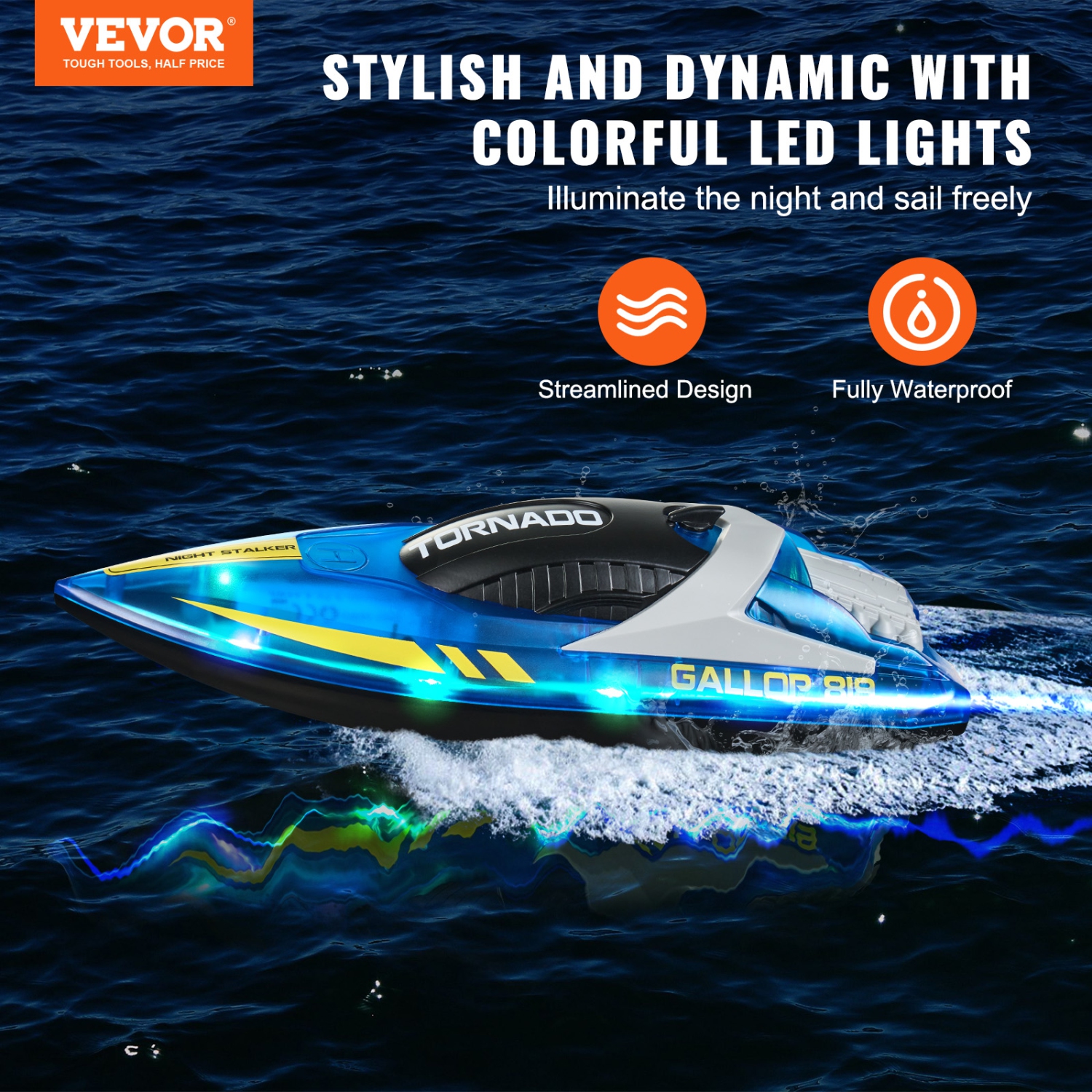 VEVOR 2.4GHz RC Boat, 12 km/h, Remote Control Boat for Pools & Lakes, with LED Light, 2 Rechargeable Batteries, Waterproof, Water Play Toy Gift for
