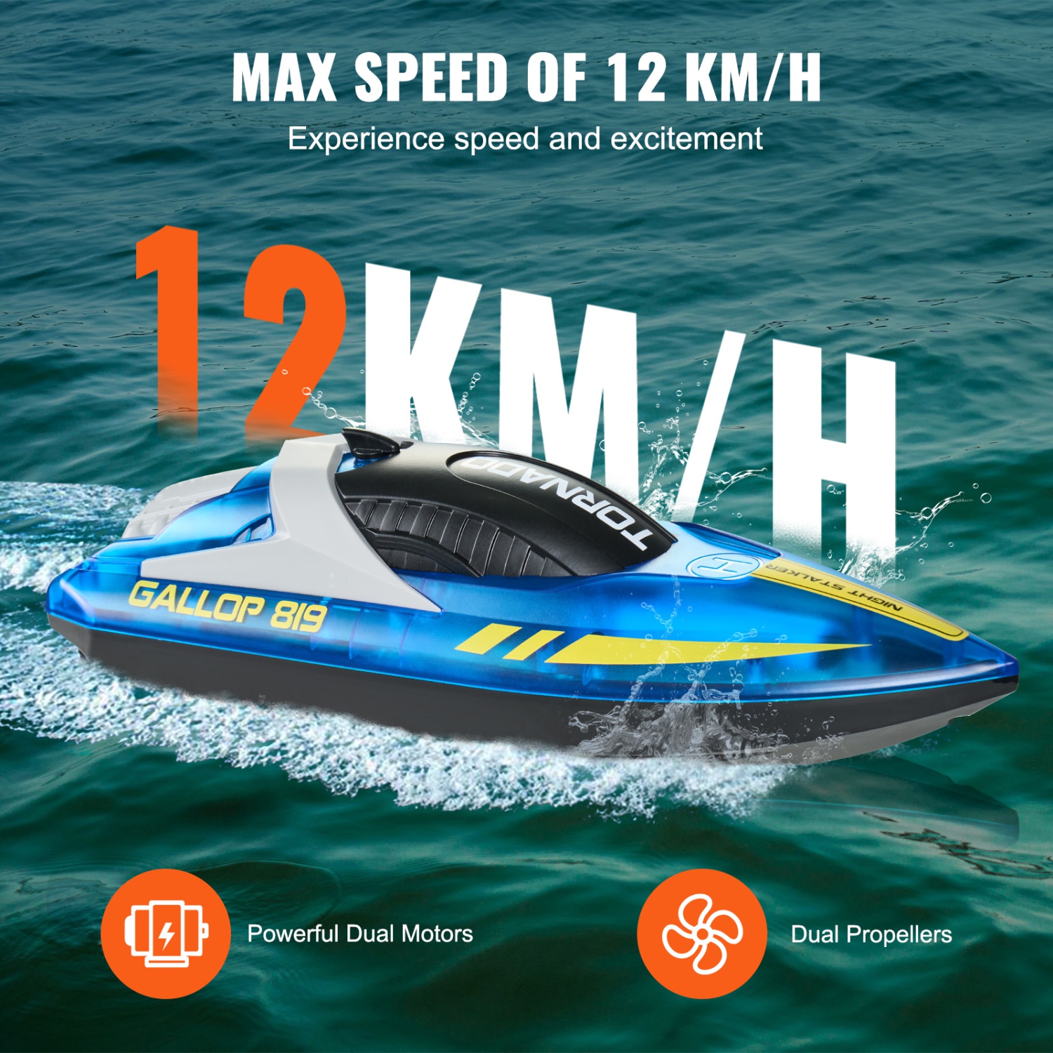 VEVOR 2.4GHz RC Boat, 12 km/h, Remote Control Boat for Pools & Lakes, with LED Light, 2 Rechargeable Batteries, Waterproof, Water Play Toy Gift for