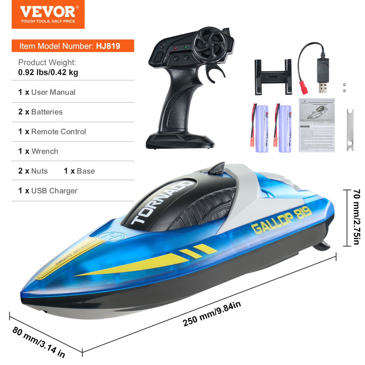 VEVOR 2.4GHz RC Boat, 12 km/h, Remote Control Boat for Pools & Lakes, with LED Light, 2 Rechargeable Batteries, Waterproof, Water Play Toy Gift for