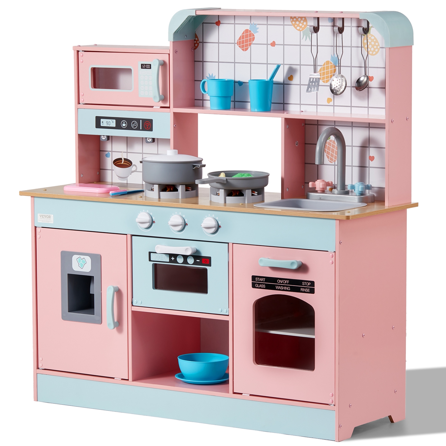 VEVOR Play Kitchen for Kids, Wooden Toy Kitchen Set with Lights and Sounds, with Ice Maker, Oven, Sink, Microwaves, Fridge and Utensil and Fruit