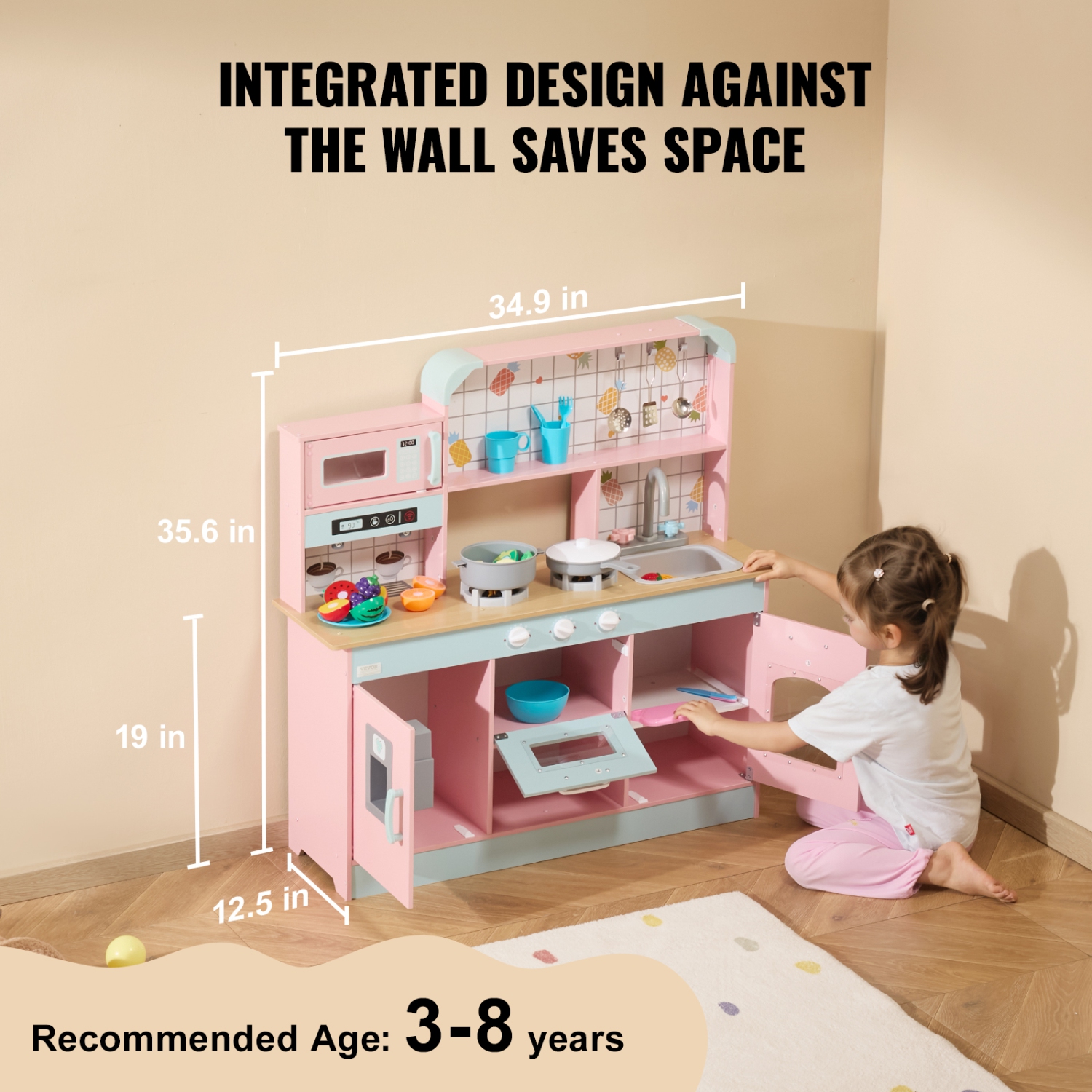 VEVOR Play Kitchen for Kids, Wooden Toy Kitchen Set with Lights and Sounds, with Ice Maker, Oven, Sink, Microwaves, Fridge and Utensil and Fruit