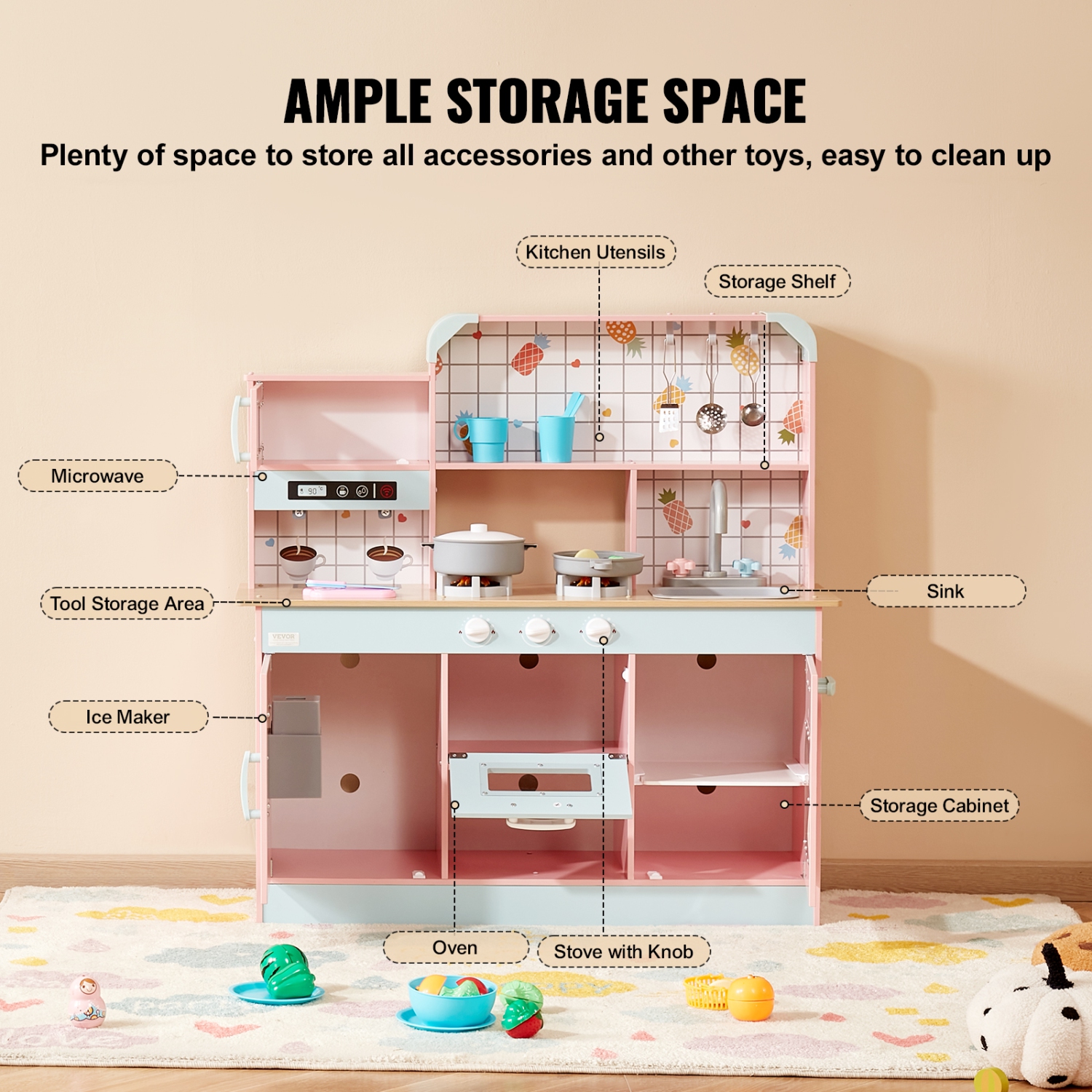 VEVOR Play Kitchen for Kids, Wooden Toy Kitchen Set with Lights and Sounds, with Ice Maker, Oven, Sink, Microwaves, Fridge and Utensil and Fruit