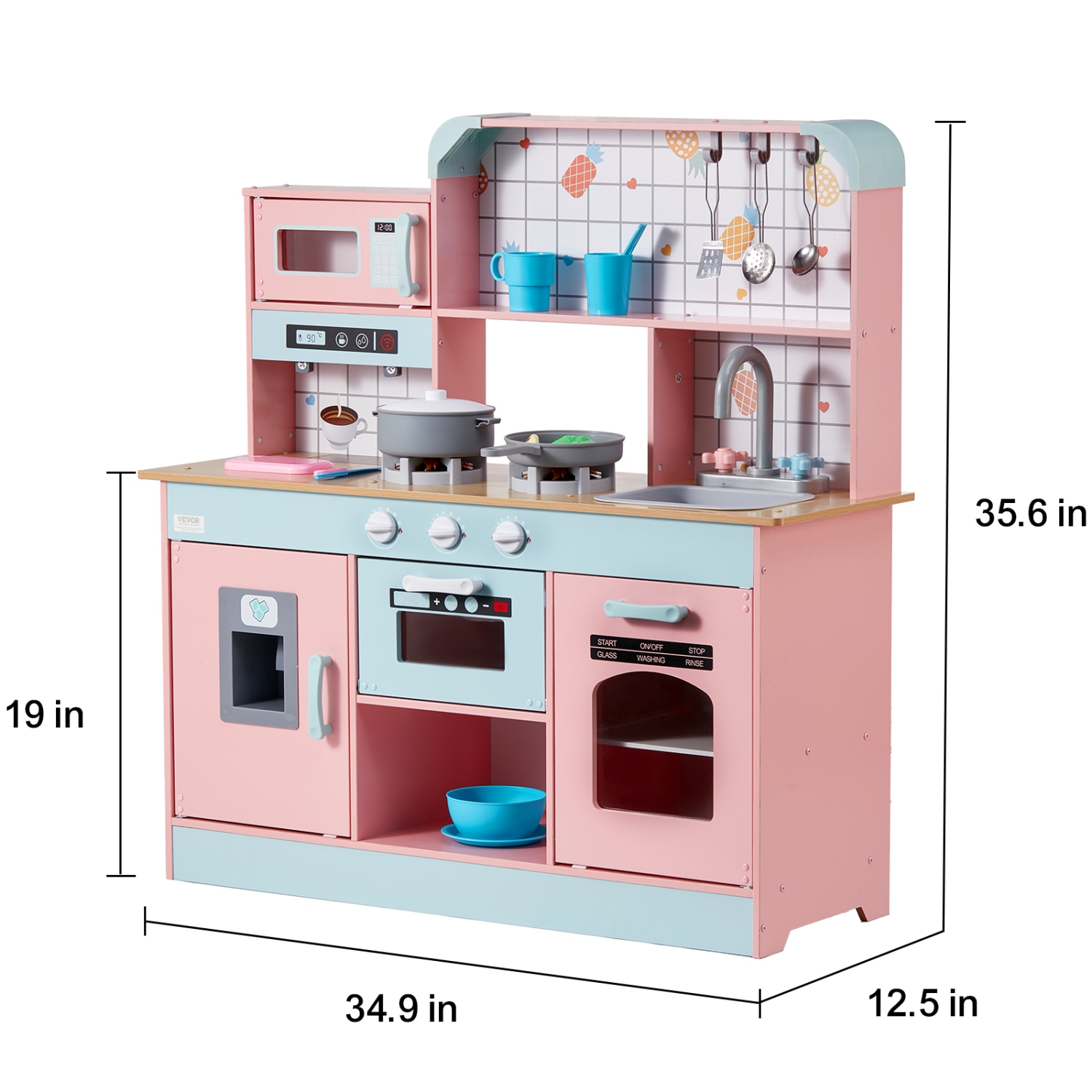 VEVOR Play Kitchen for Kids, Wooden Toy Kitchen Set with Lights and Sounds, with Ice Maker, Oven, Sink, Microwaves, Fridge and Utensil and Fruit