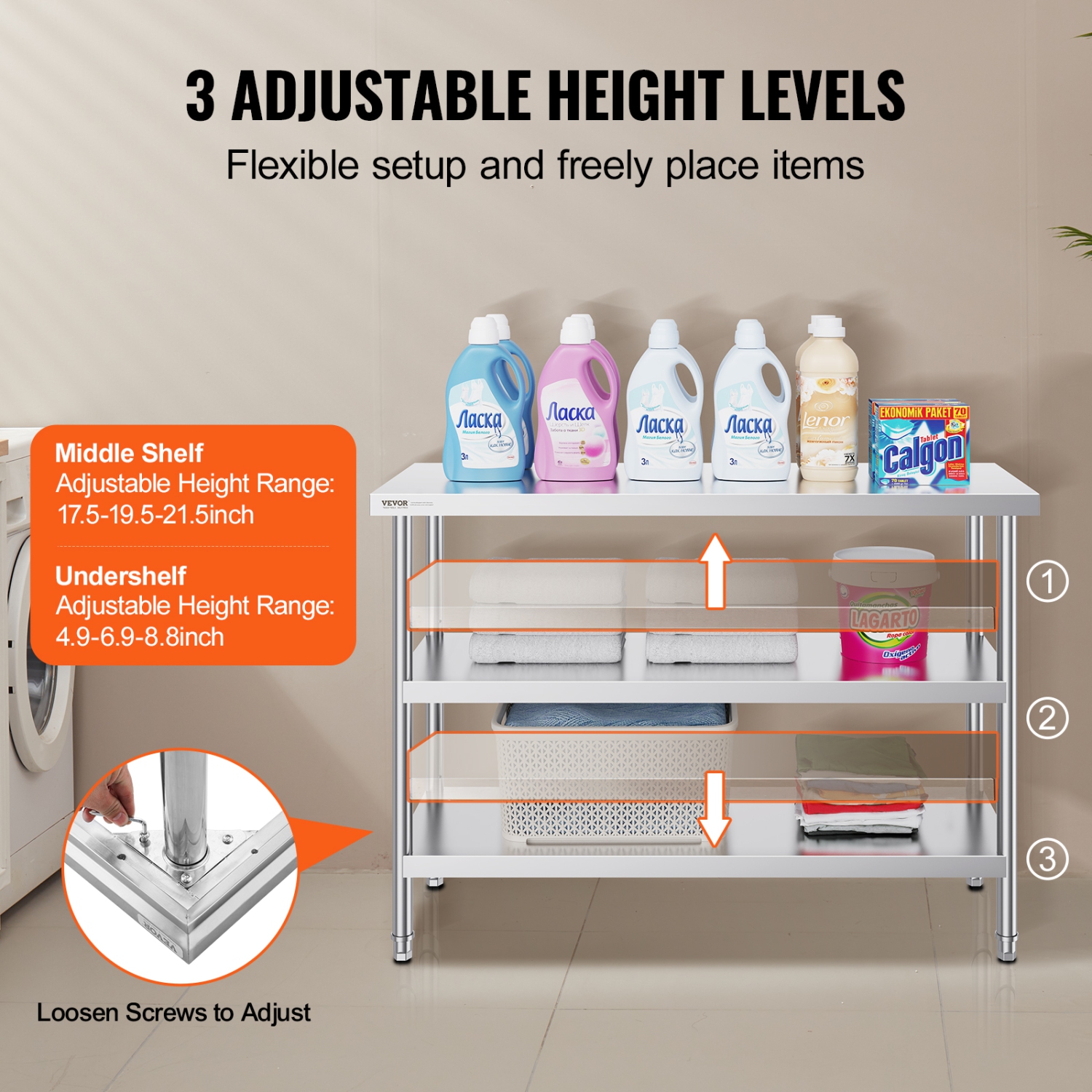 VEVOR 18 x 48 x 34 Inch Stainless Steel Food Prep Table, Commercial Kitchen Worktable, with 2 Adjustable Undershelf, Heavy Duty Prep Table Metal Work