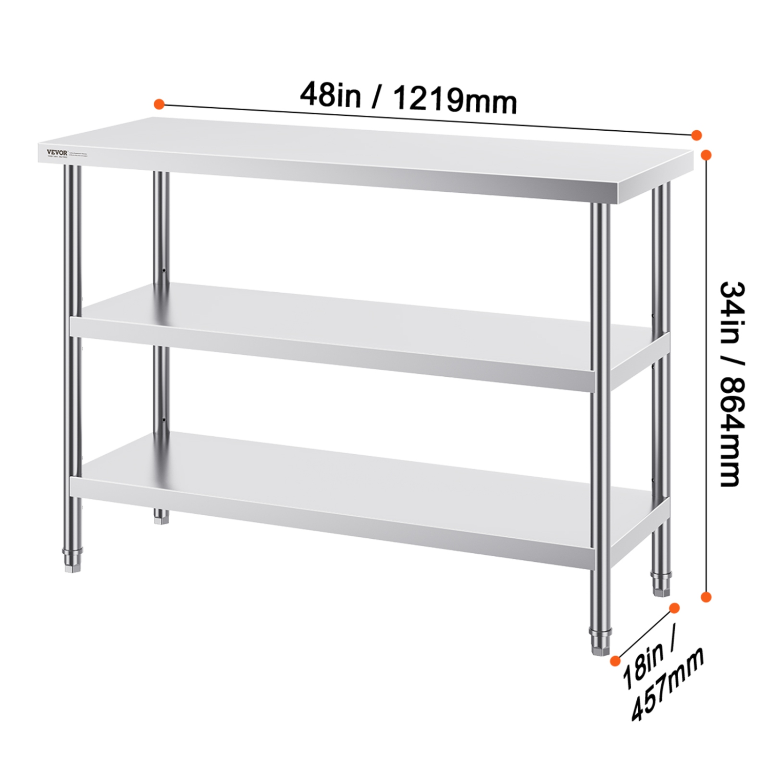 VEVOR 18 x 48 x 34 Inch Stainless Steel Food Prep Table, Commercial Kitchen Worktable, with 2 Adjustable Undershelf, Heavy Duty Prep Table Metal Work