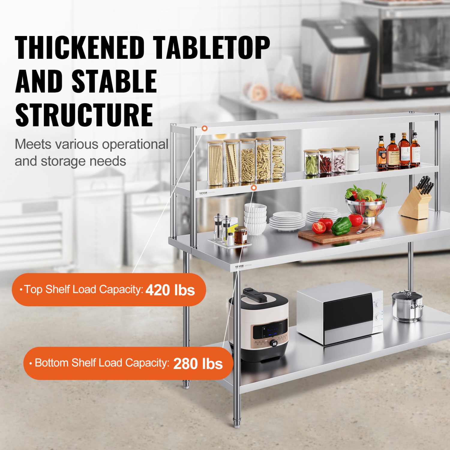 VEVOR 12 x 72 Inch Double Overshelf, Double Tier Stainless Steel Overshelf, Height Adjustable Overshelf Prep Work Table for Kitchen, Restaurant and