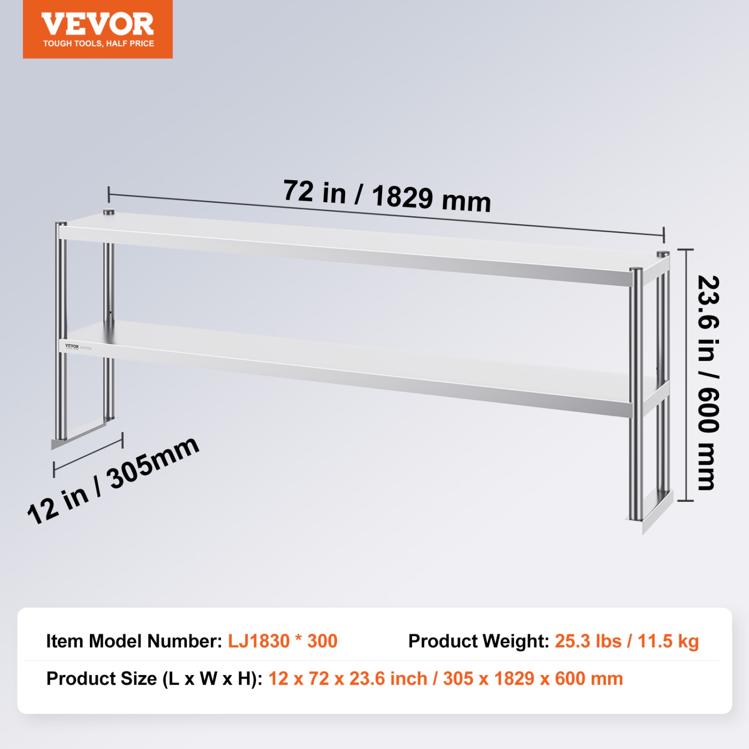 VEVOR 12 x 72 Inch Double Overshelf, Double Tier Stainless Steel Overshelf, Height Adjustable Overshelf Prep Work Table for Kitchen, Restaurant and
