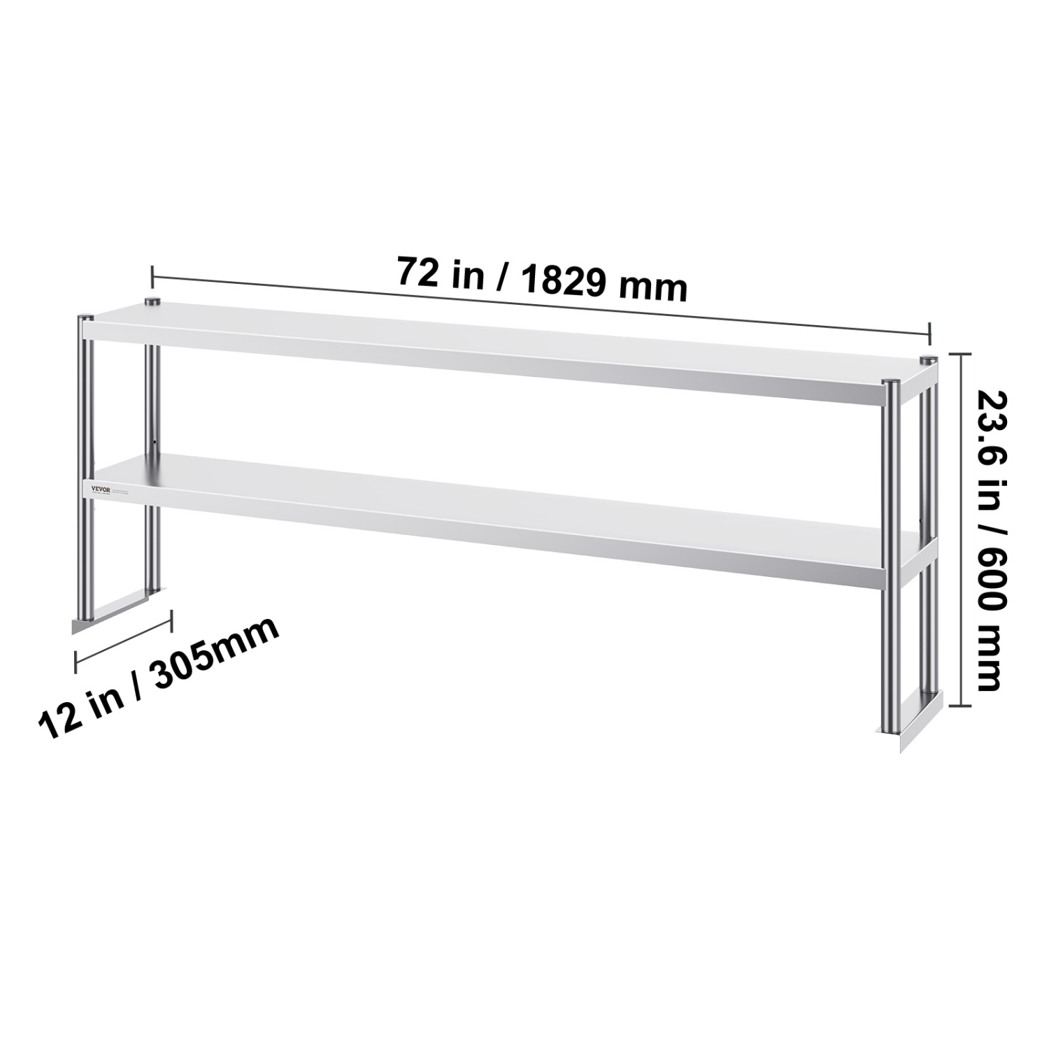 VEVOR 12 x 72 Inch Double Overshelf, Double Tier Stainless Steel Overshelf, Height Adjustable Overshelf Prep Work Table for Kitchen, Restaurant and