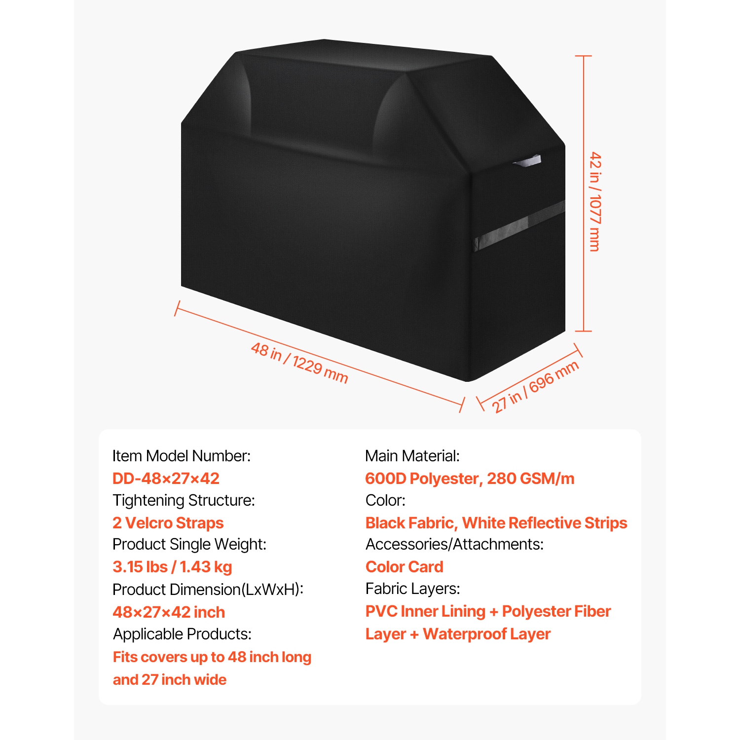 VEVOR 48 inch Grill Cover, BBQ Covers for Outdoor Grills, Waterproof, Fade Resistant, Weather Resistant Heavy Duty 600D Polyester, Easy On/Off, with