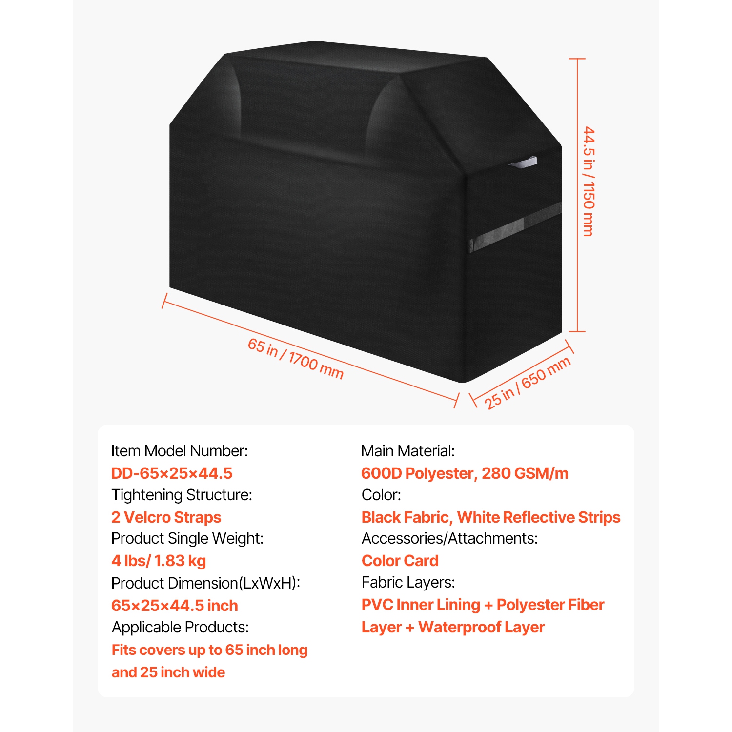 VEVOR 65 inch Grill Cover, BBQ Covers for Outdoor Grills, Waterproof, Fade Resistant, Weather Resistant Heavy Duty 600D Polyester, Easy On/Off, with