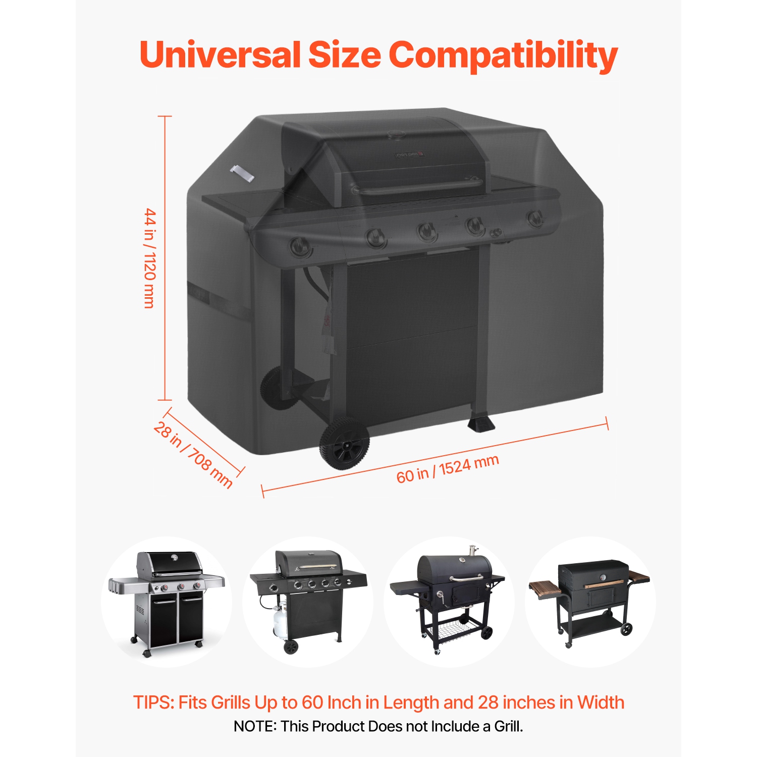 VEVOR 60 inch Grill Cover, BBQ Covers for Outdoor Grills, Waterproof, Fade Resistant, Weather Resistant Heavy Duty 600D Polyester, Easy On/Off, with