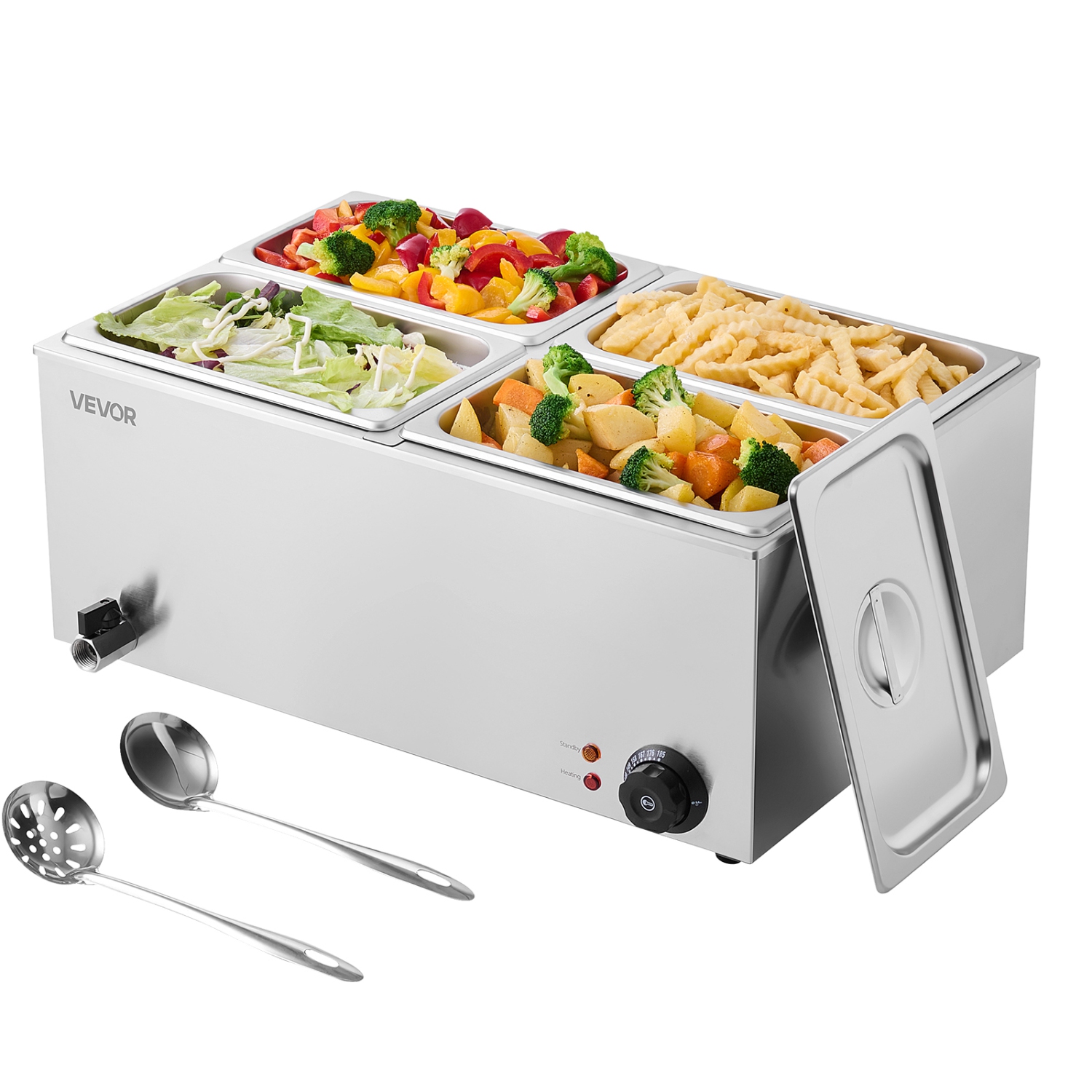 VEVOR 24QT Commercial Food Warmer, 4-Pan Electric Steam Table, 1200W Countertop Stainless Steel Buffet Bain Marie with 86-185°F Temp Control for