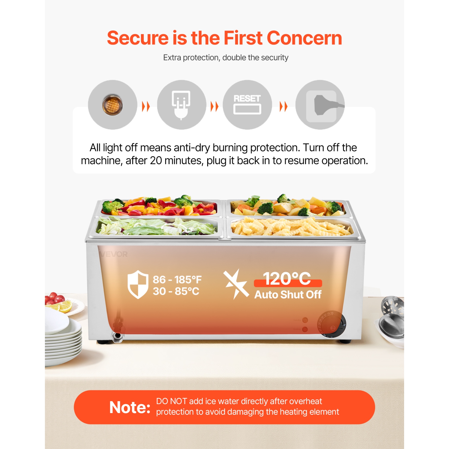 VEVOR 24QT Commercial Food Warmer, 4-Pan Electric Steam Table, 1200W Countertop Stainless Steel Buffet Bain Marie with 86-185°F Temp Control for