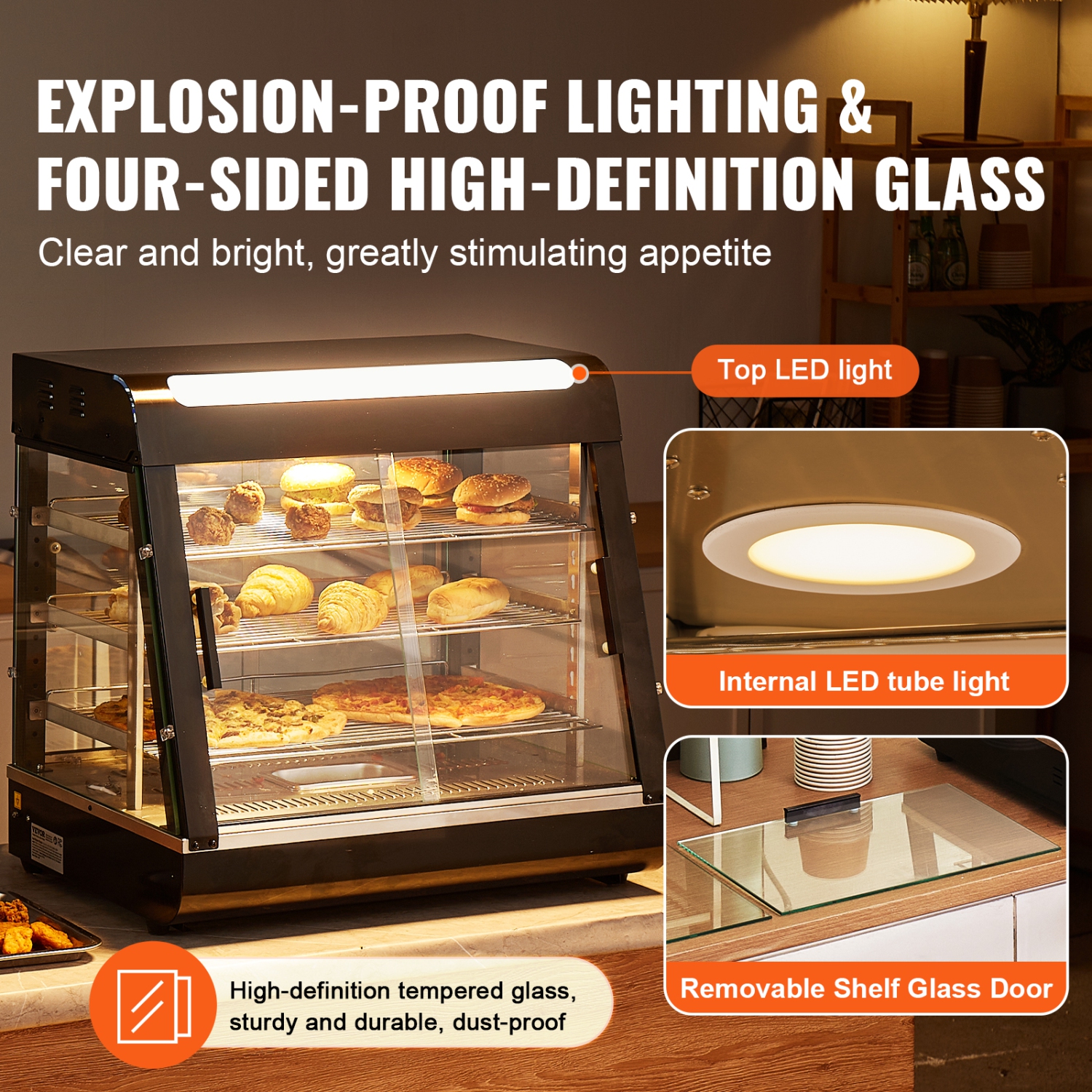 VEVOR 3-Tier Commercial Food Warmer Display, 1200W with Light, Adjustable Shelf and Temperature Display, 86℉~185℉ Steam Heating, 111L for Hamburger,