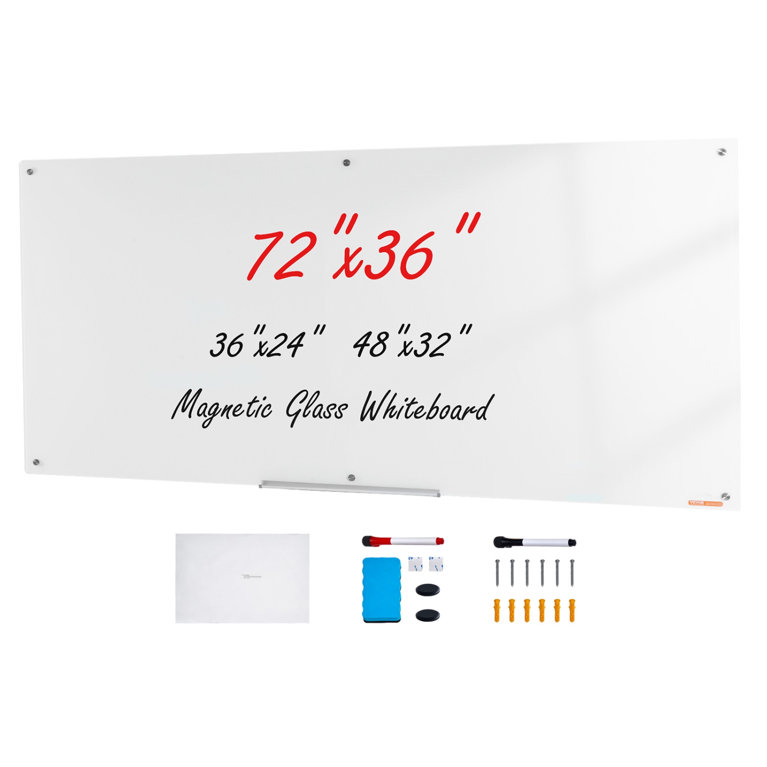VEVOR 72"x36" Magnetic Glass Whiteboard, Dry Erase Board, Wall-Mounted Large White Glassboard Frameless, with Marker Tray, an Eraser and 2 Markers,